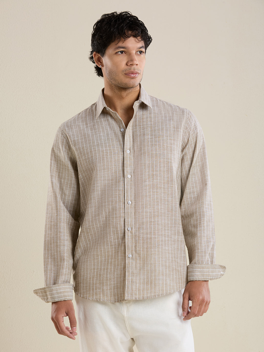 Men's Slim Fit Beige Striped Linen Shirt | Mark & Albert