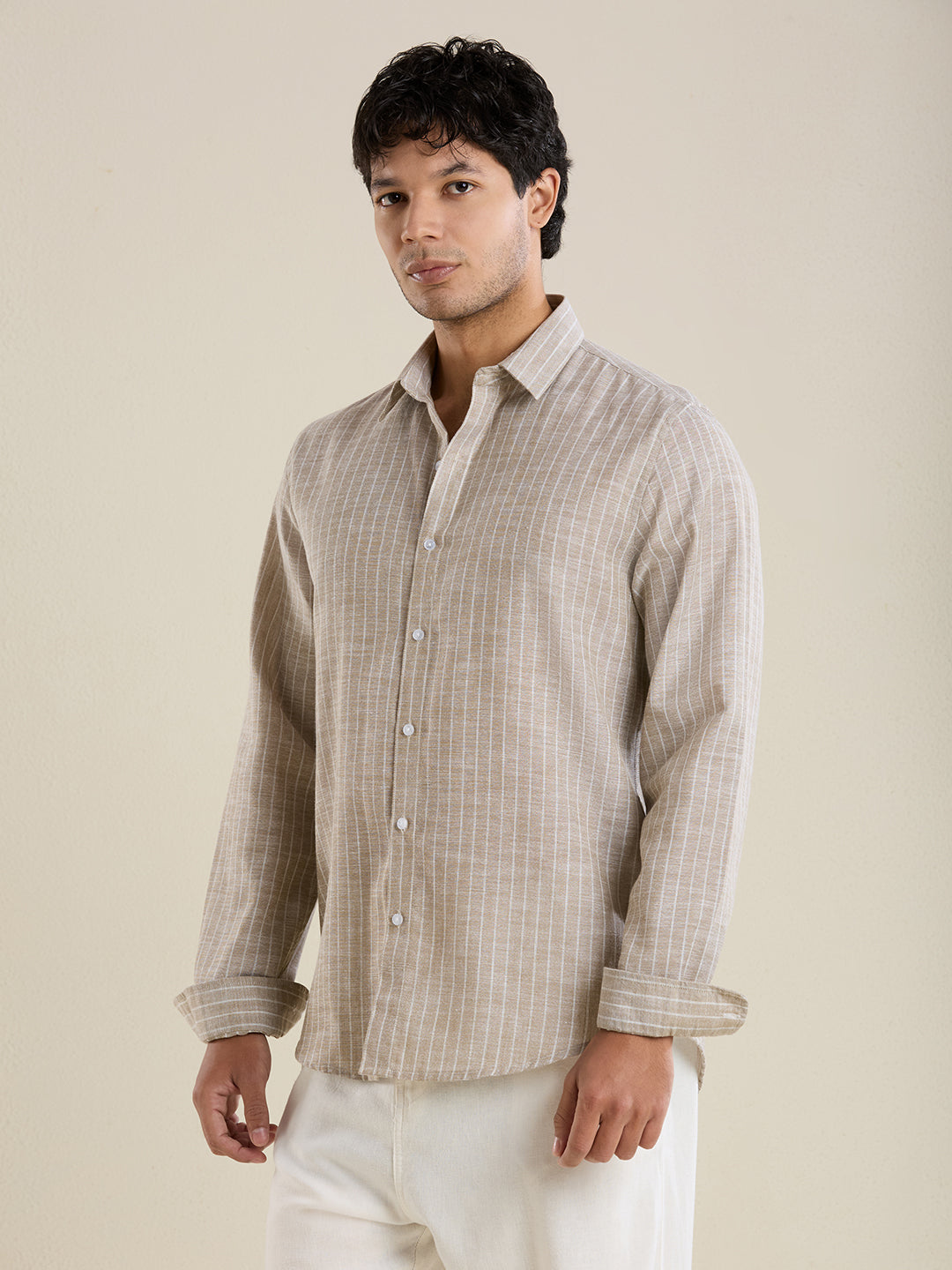 Slim Fit Sand Striped Linen Shirt