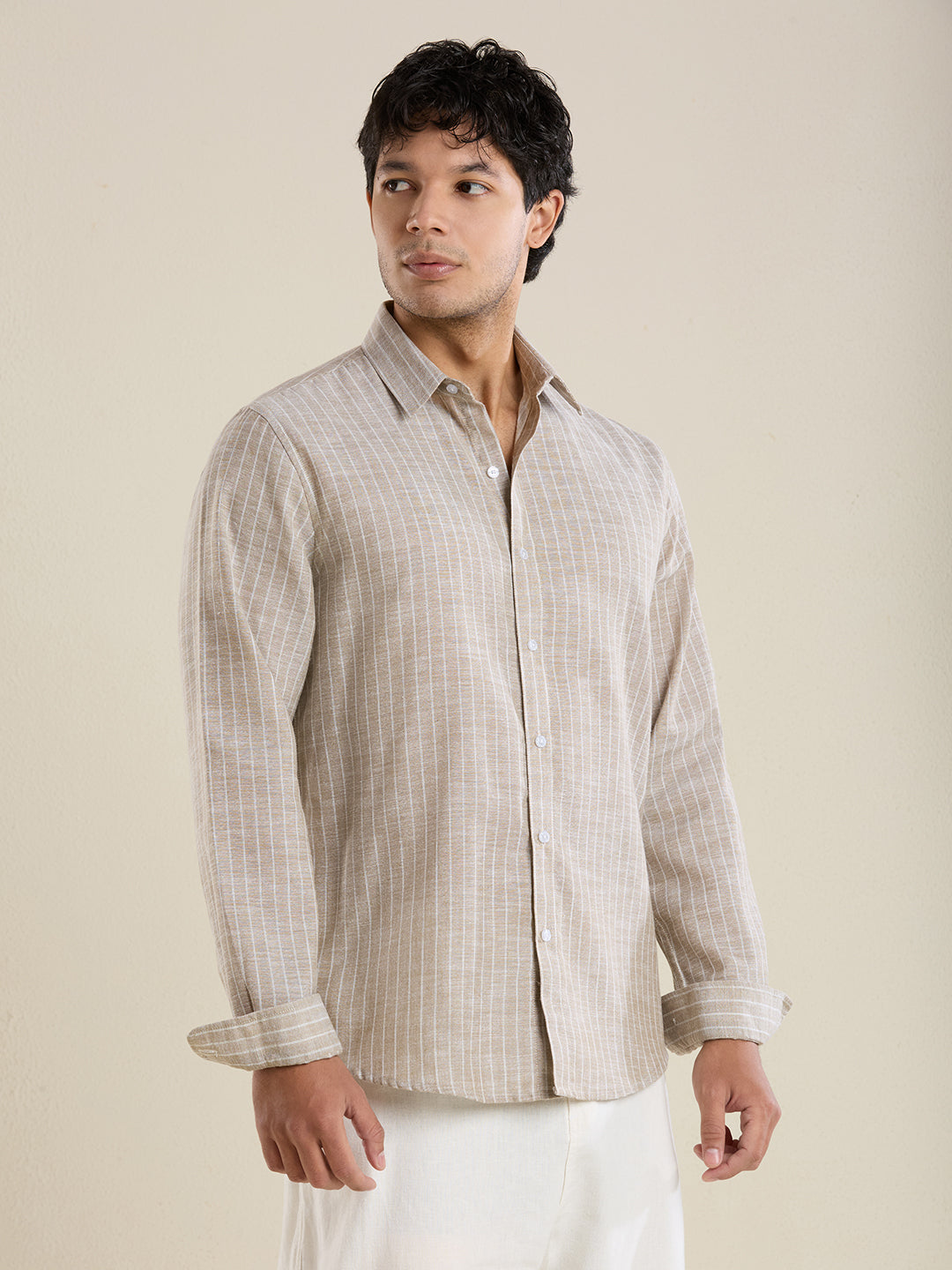 Slim Fit Sand Striped Linen Shirt