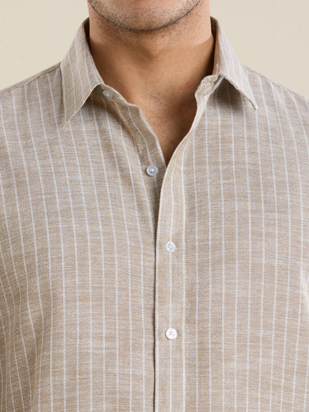 Slim Fit Sand Striped Linen Shirt