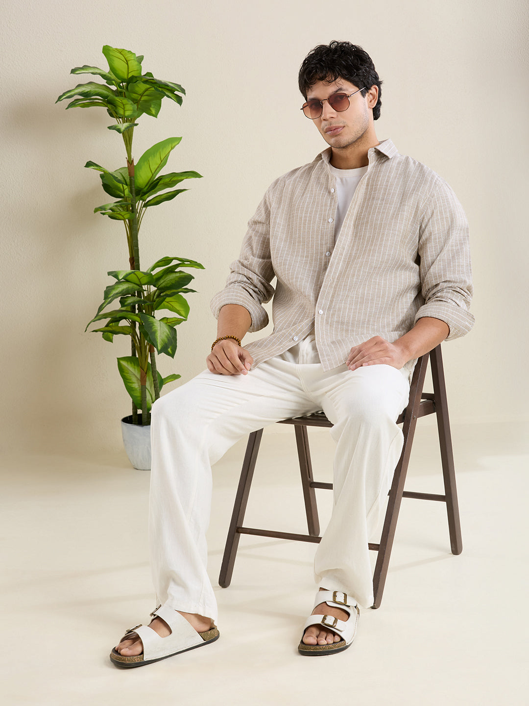 Slim Fit Sand Striped Linen Shirt