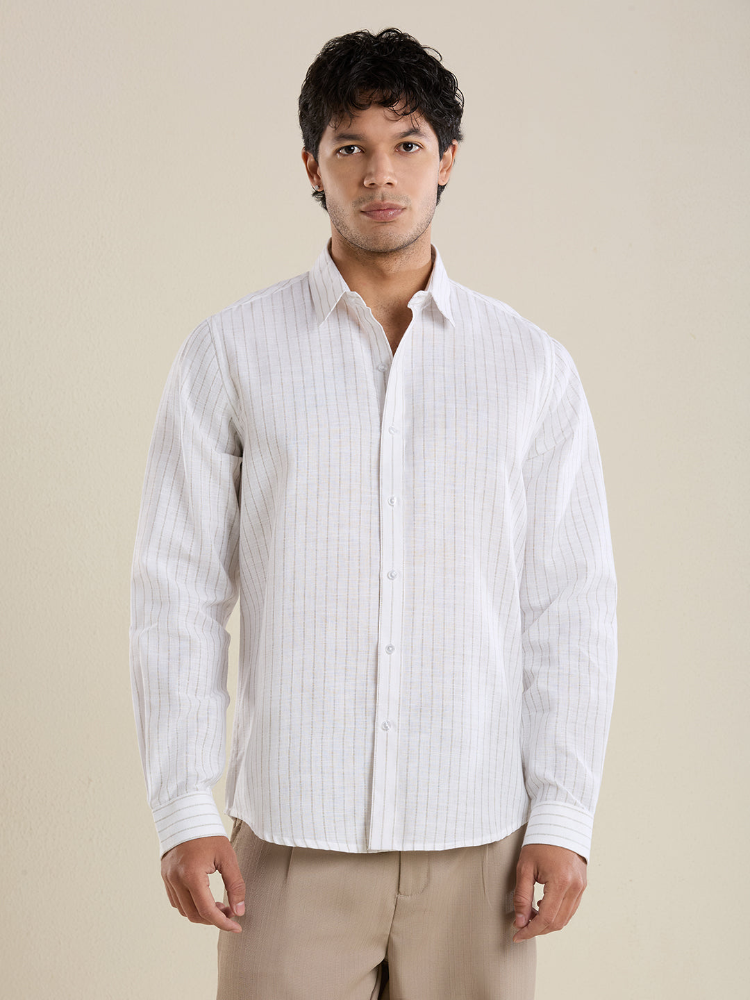 Slim Fit Cloud White Striped Linen Shirt