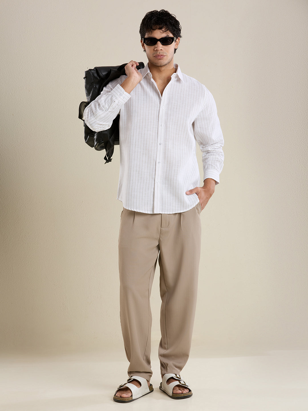 Slim Fit Cloud White Striped Linen Shirt