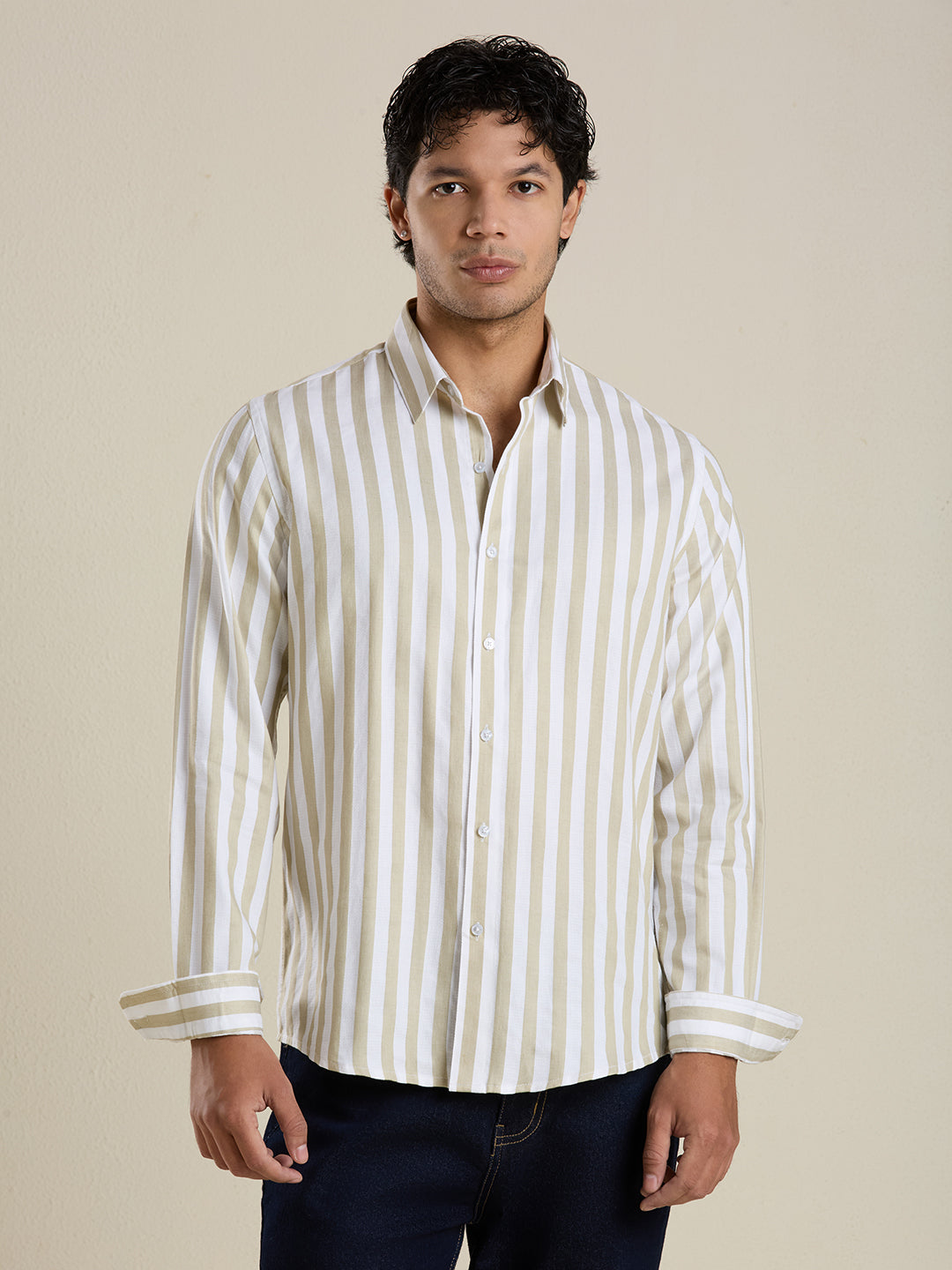Beige Bold Striped Luxury Cotton Shirt