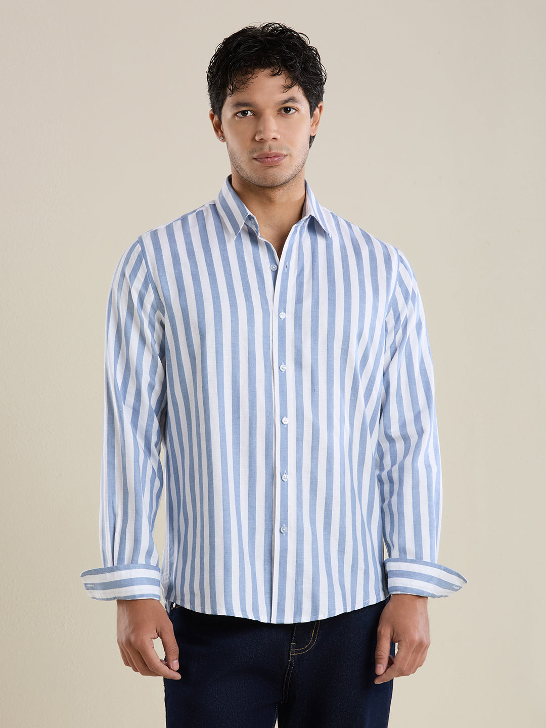 Cerulean Blue Bold Striped Luxury Cotton Shirt