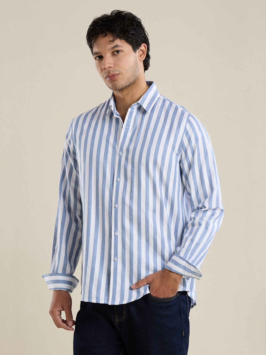 Cerulean Blue Bold Striped Luxury Cotton Shirt