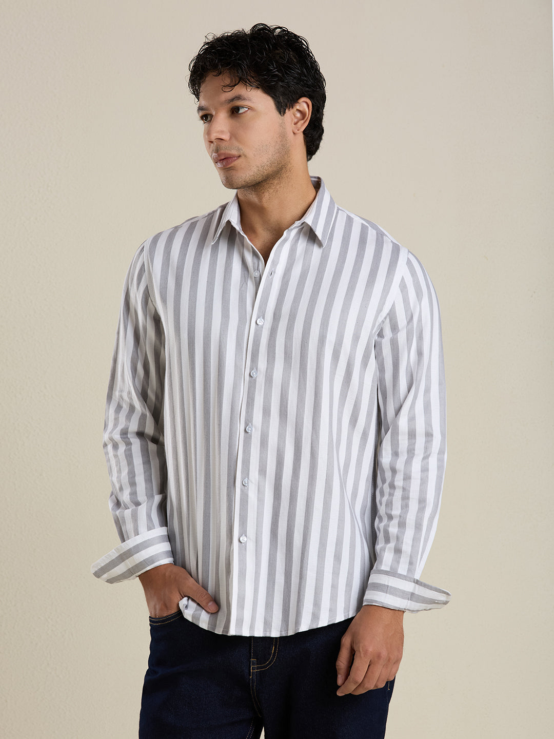 Slate Grey Bold Striped Luxury Cotton Shirt