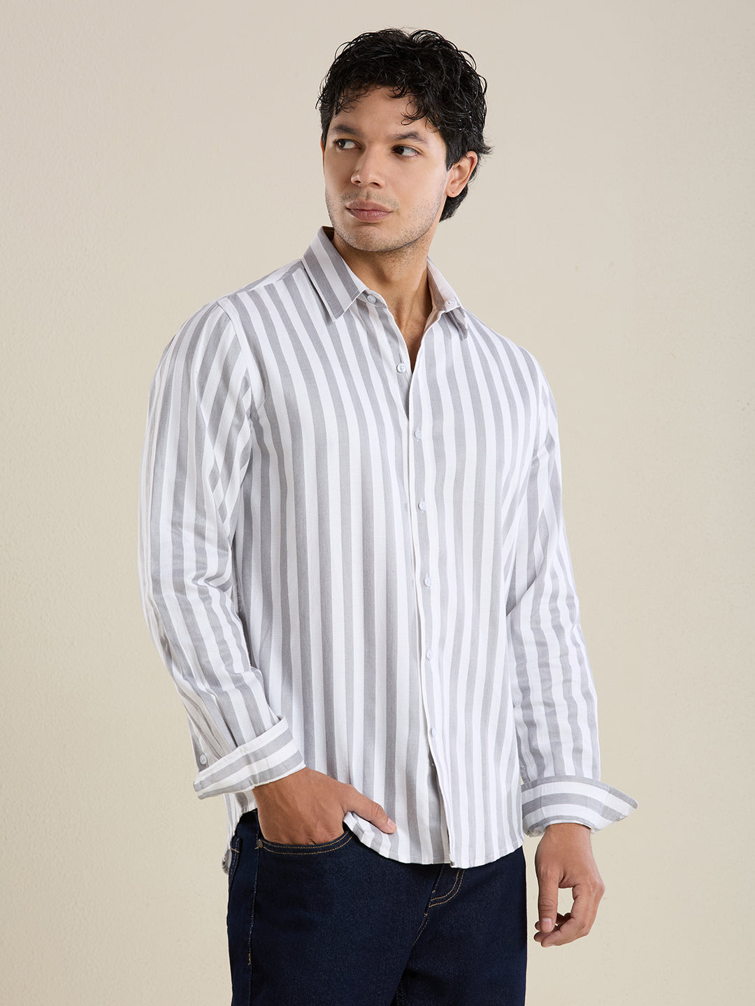 Men's Slim Fit Grey Bold Striped 100% Cotton Shirt | Mark & Albert
