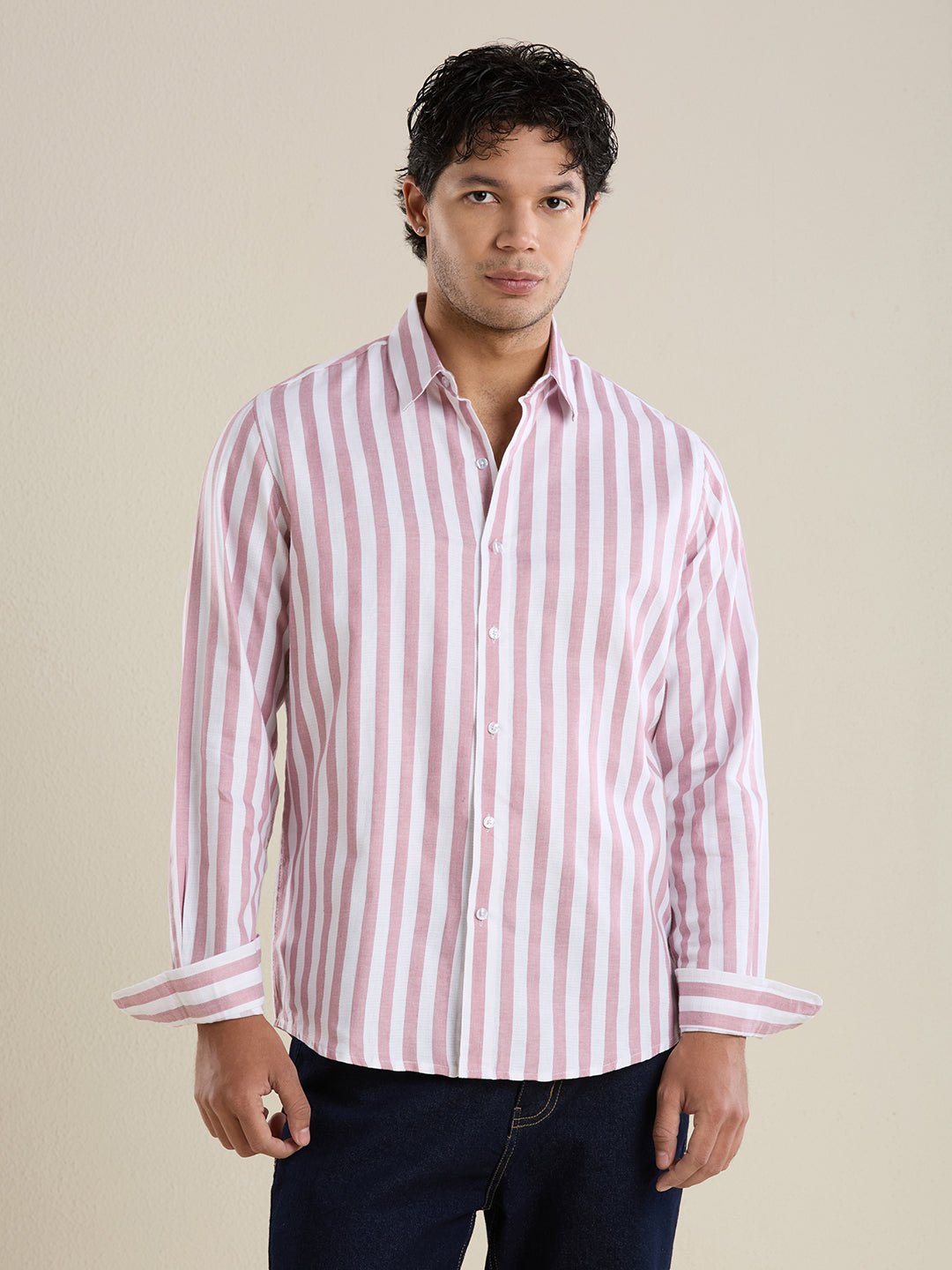 Crimson Rose Bold Striped Luxury Cotton Shirt