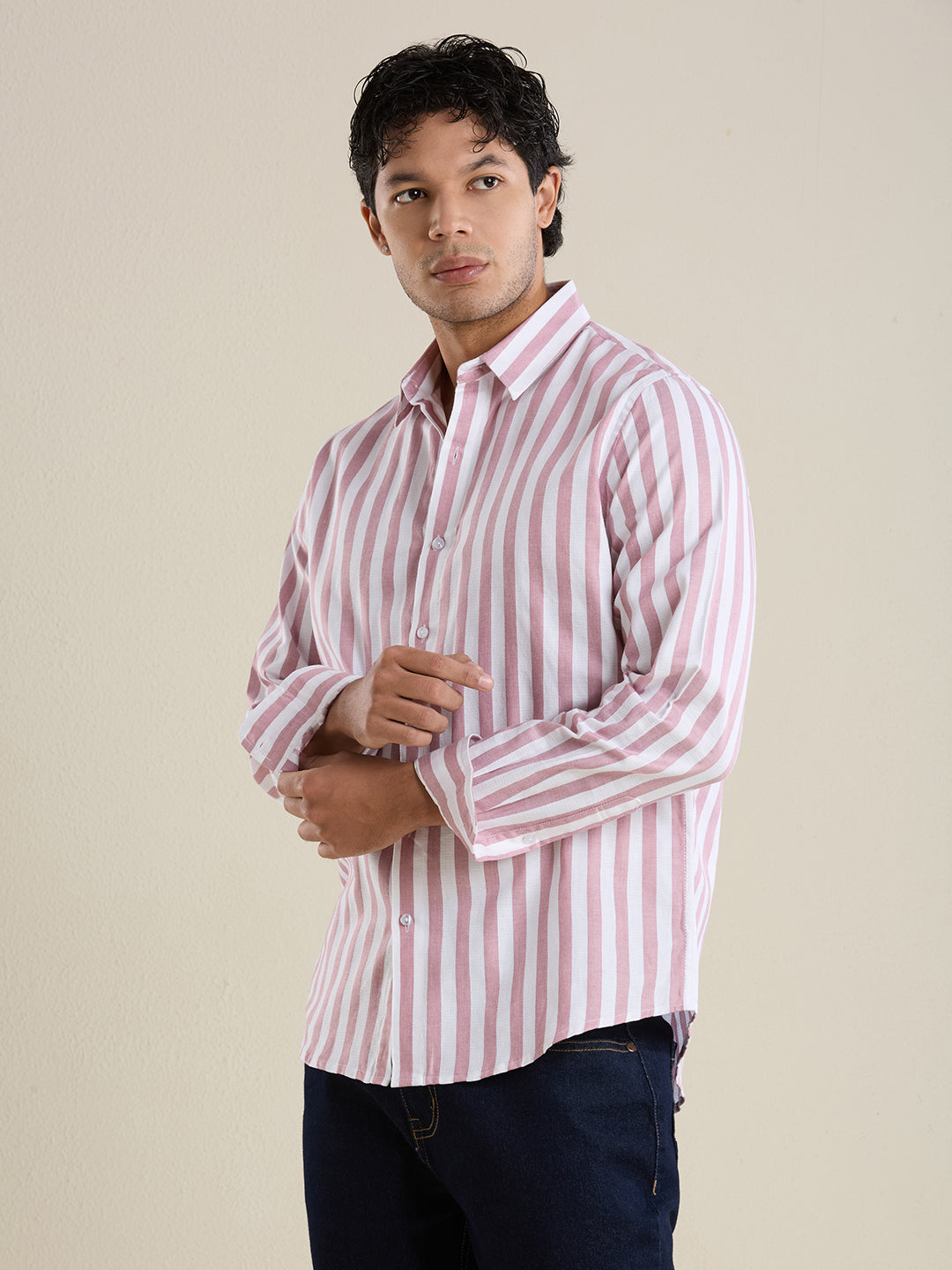 Men's Slim Fit Pink Bold Striped 100% Cotton Shirt | Mark & Albert