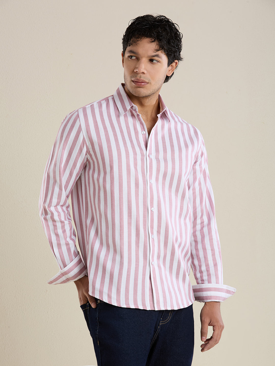 Men's Slim Fit Pink Bold Striped 100% Cotton Shirt | Mark & Albert