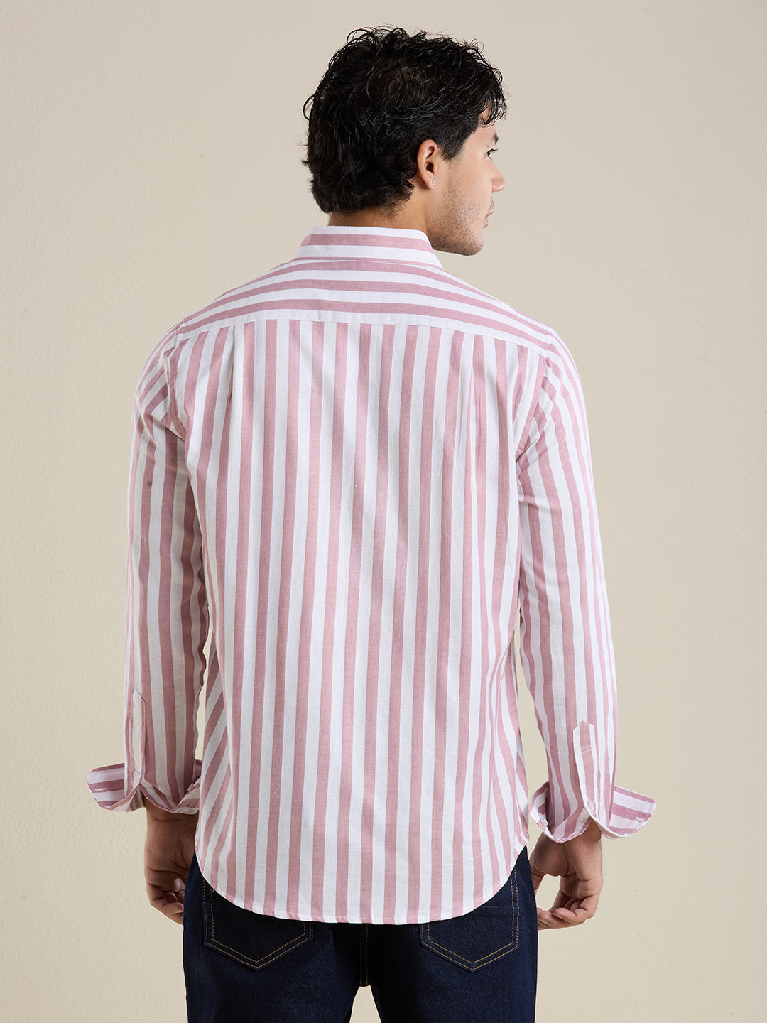 Men's Slim Fit Pink Bold Striped 100% Cotton Shirt | Mark & Albert