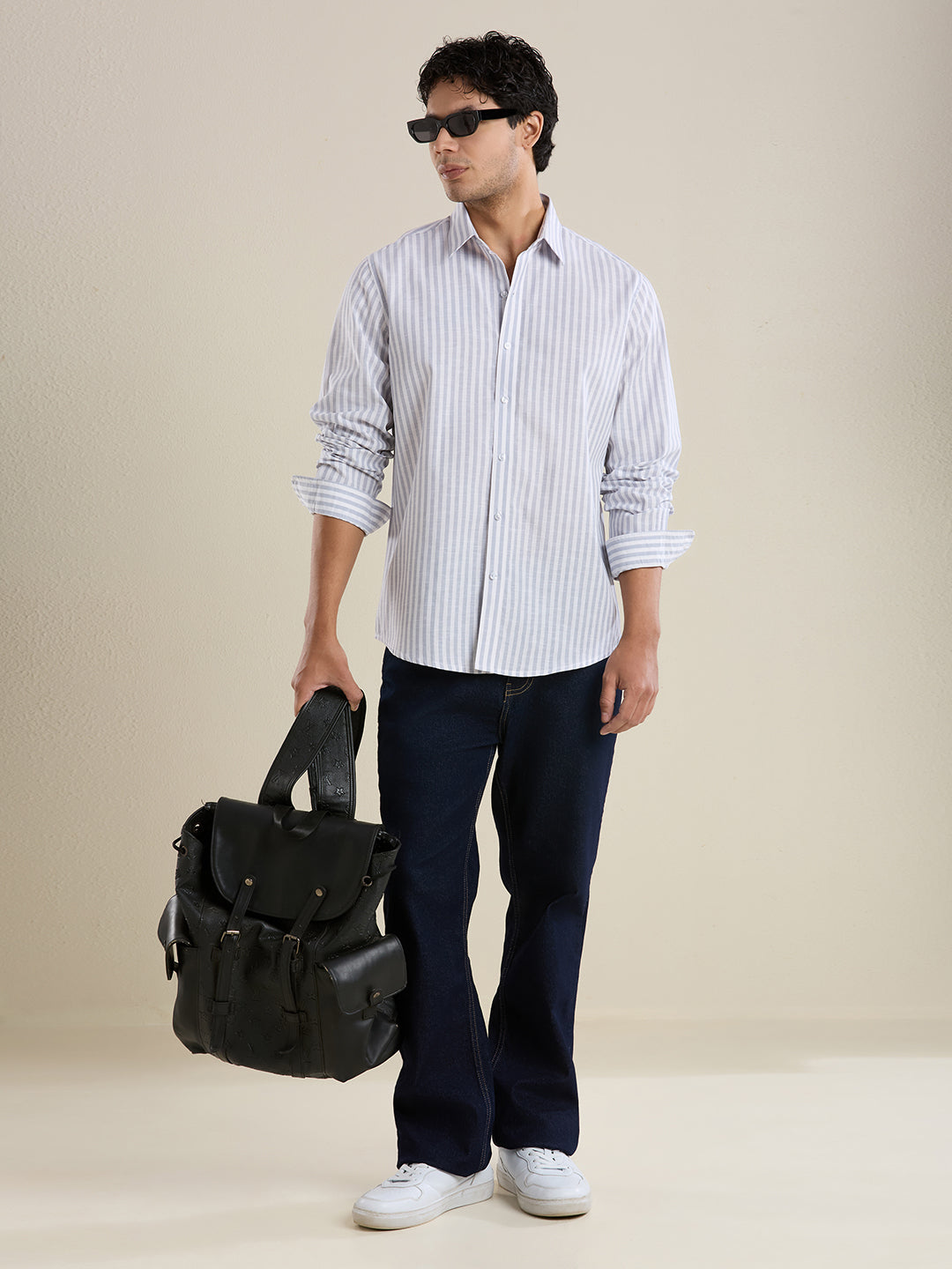 Slim Fit Grey Vertical Striped Linen Shirt