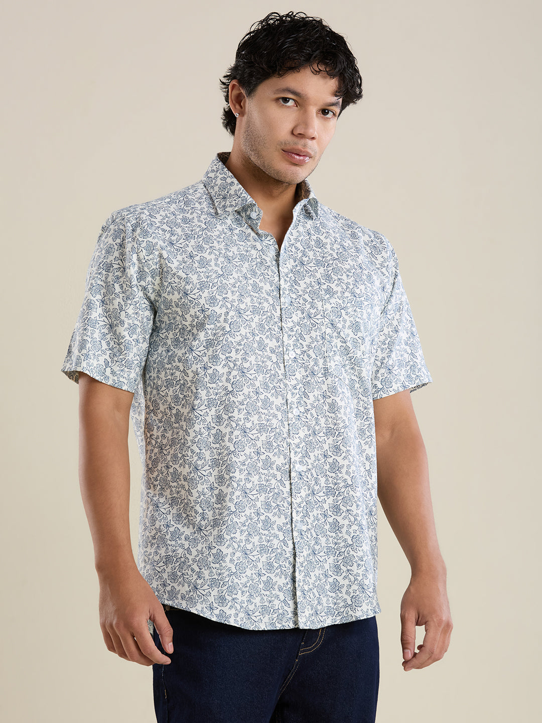 Men's Slim Fit Porcelain Blue Floral Printed Cotton Shirt