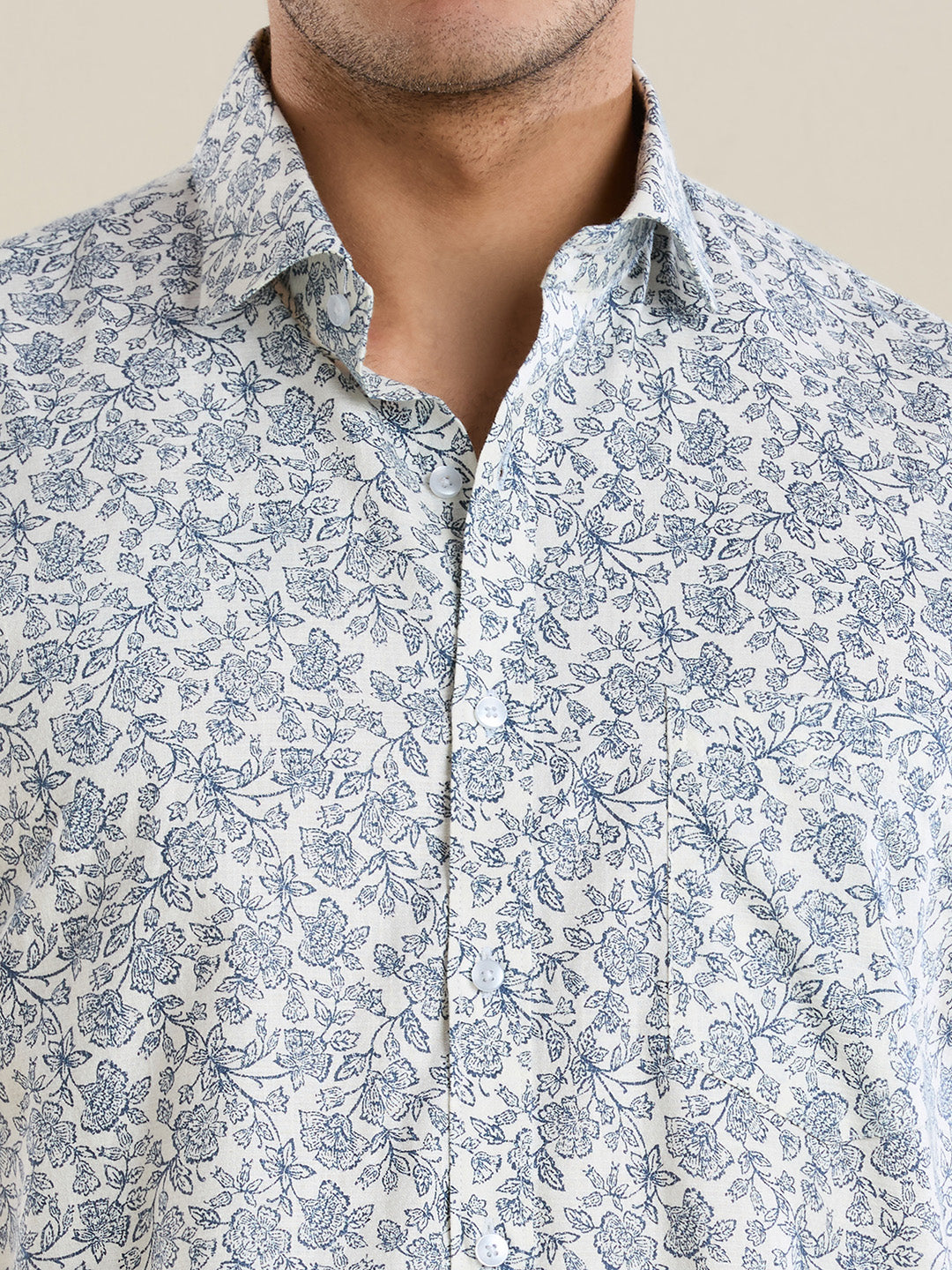 Men's Slim Fit Porcelain Blue Floral Printed Cotton Shirt