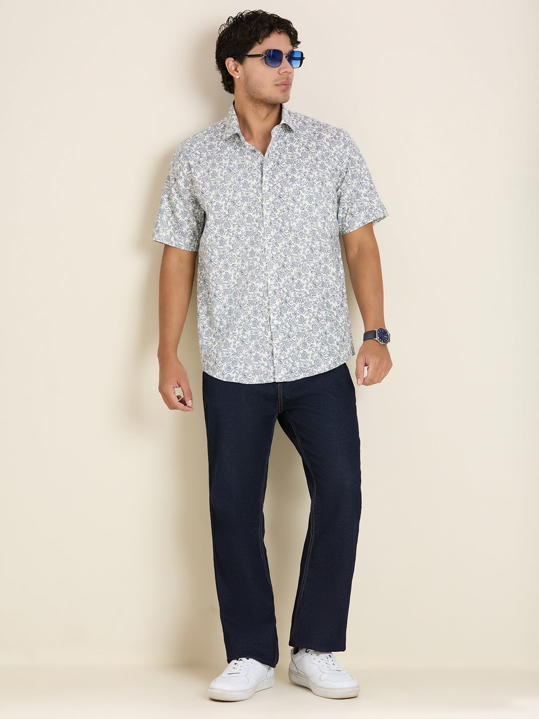 Men's Slim Fit Porcelain Blue Floral Printed Cotton Shirt