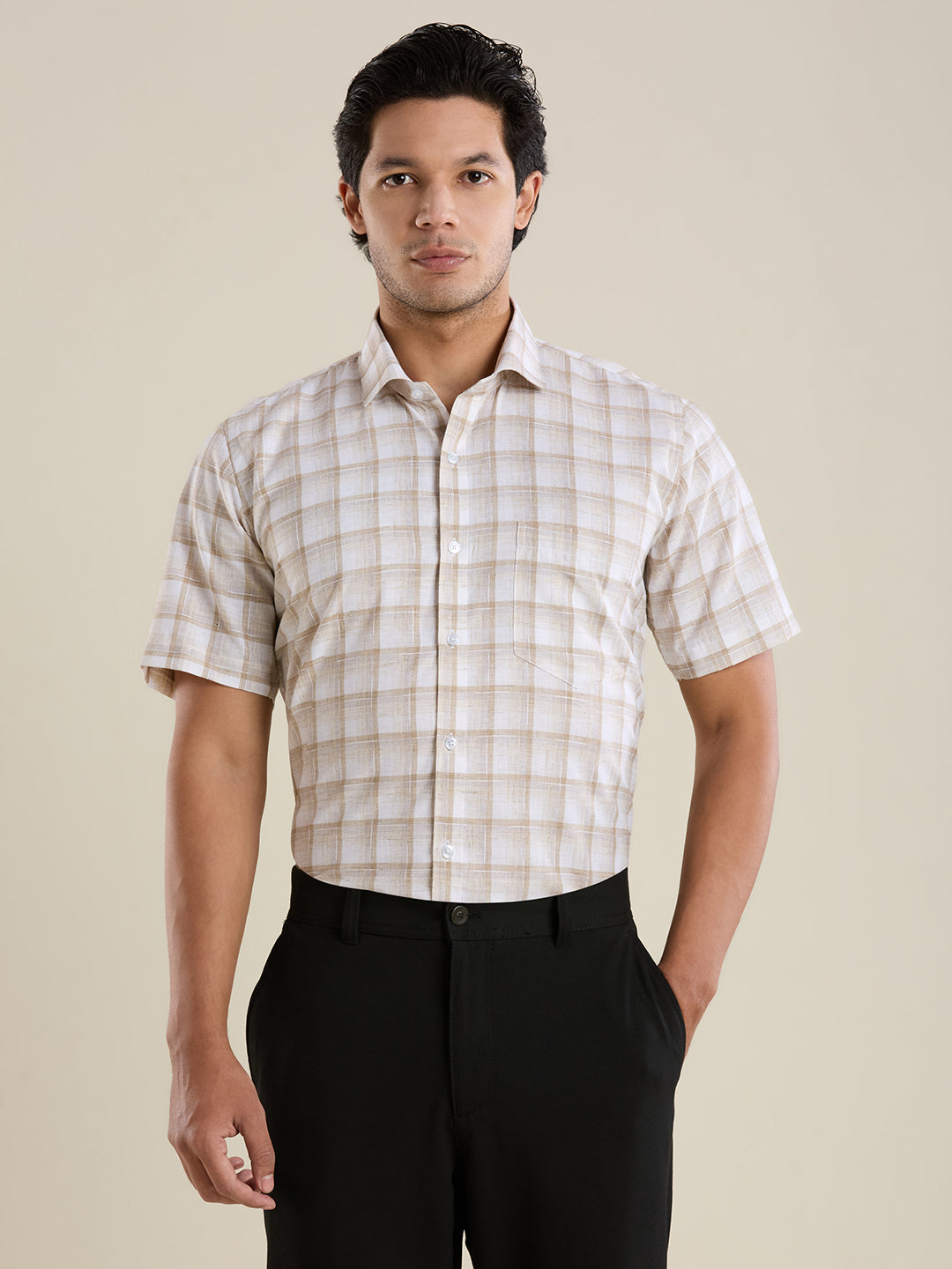 Slim Fit Beige Checked Linen Shirt