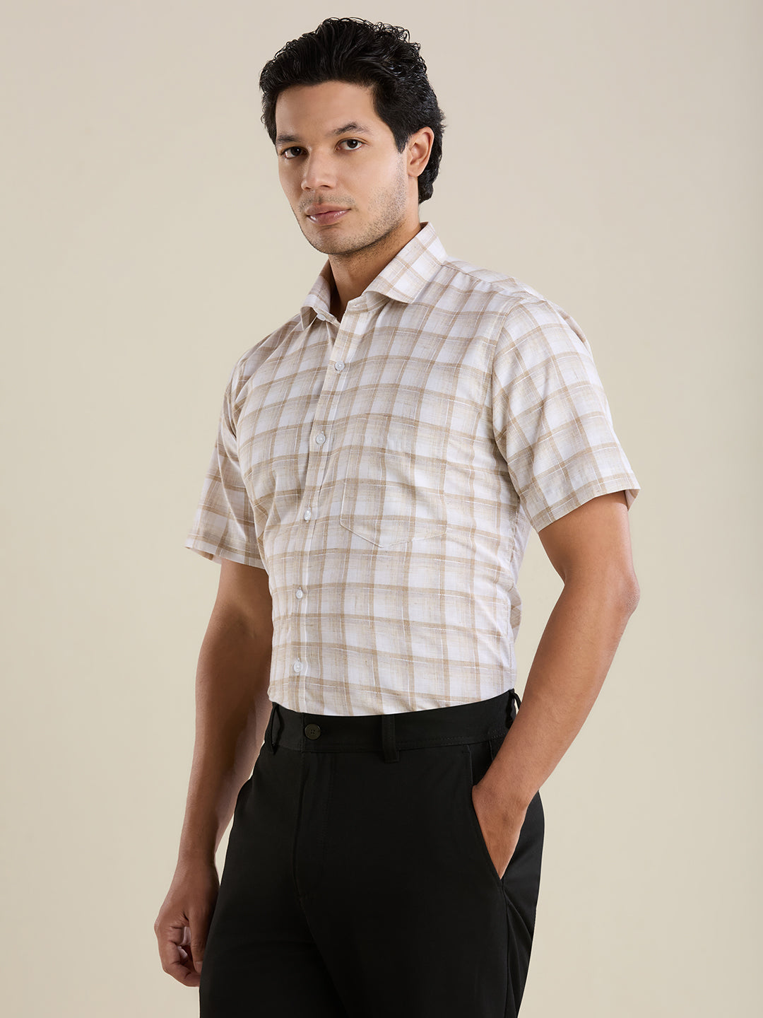 Slim Fit Beige Checked Linen Shirt