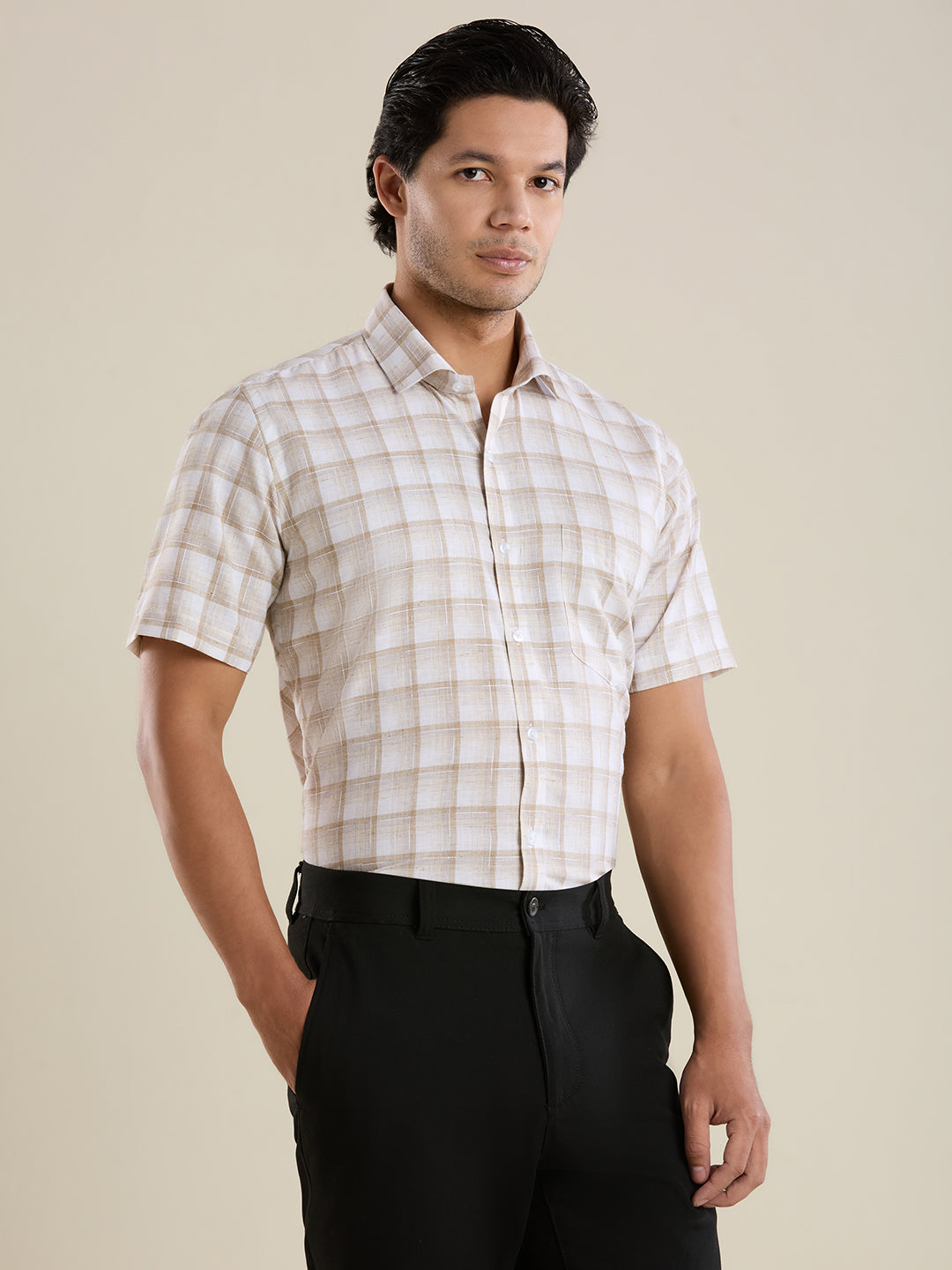 Slim Fit Beige Checked Linen Shirt