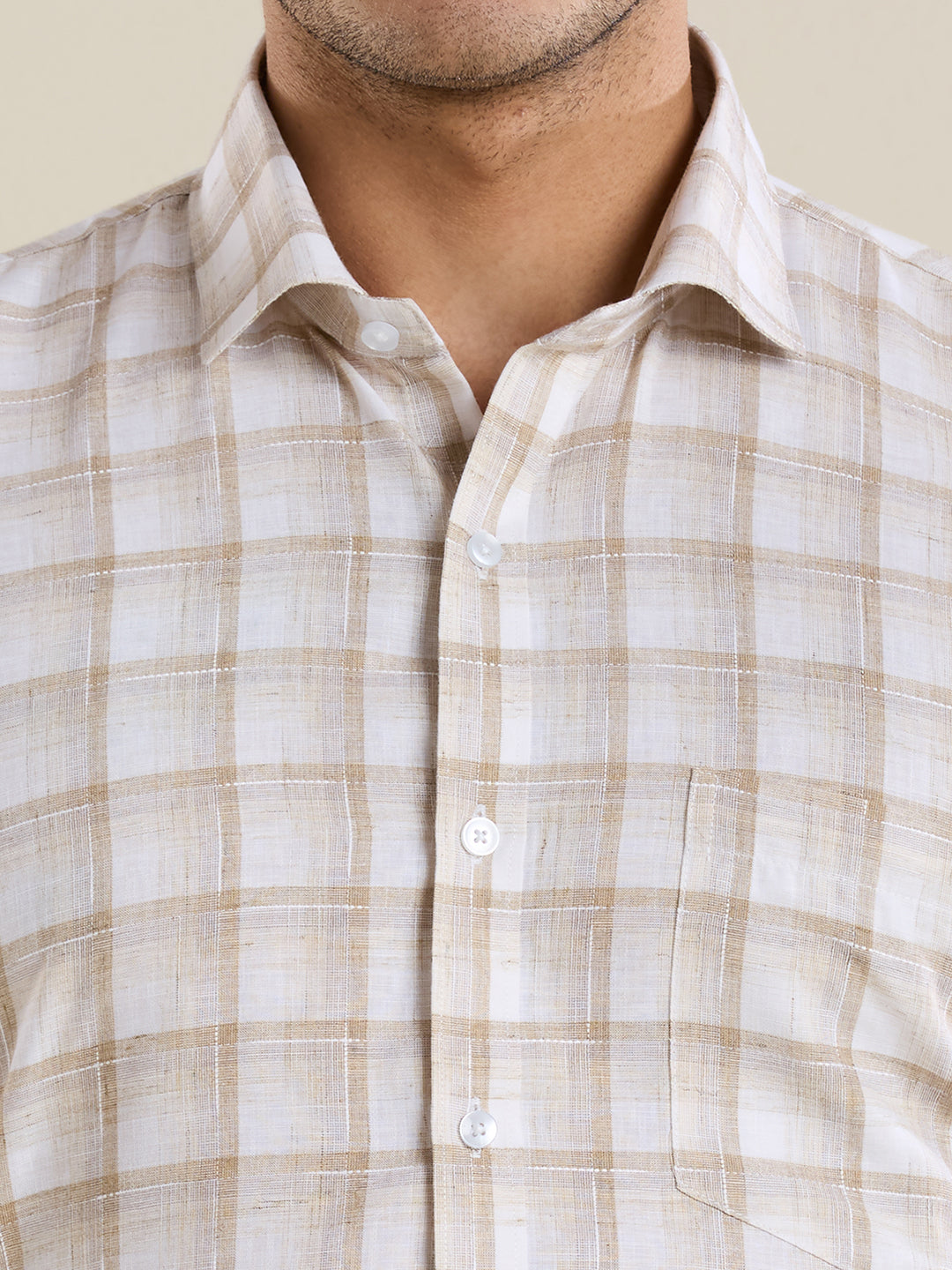 Slim Fit Beige Checked Linen Shirt