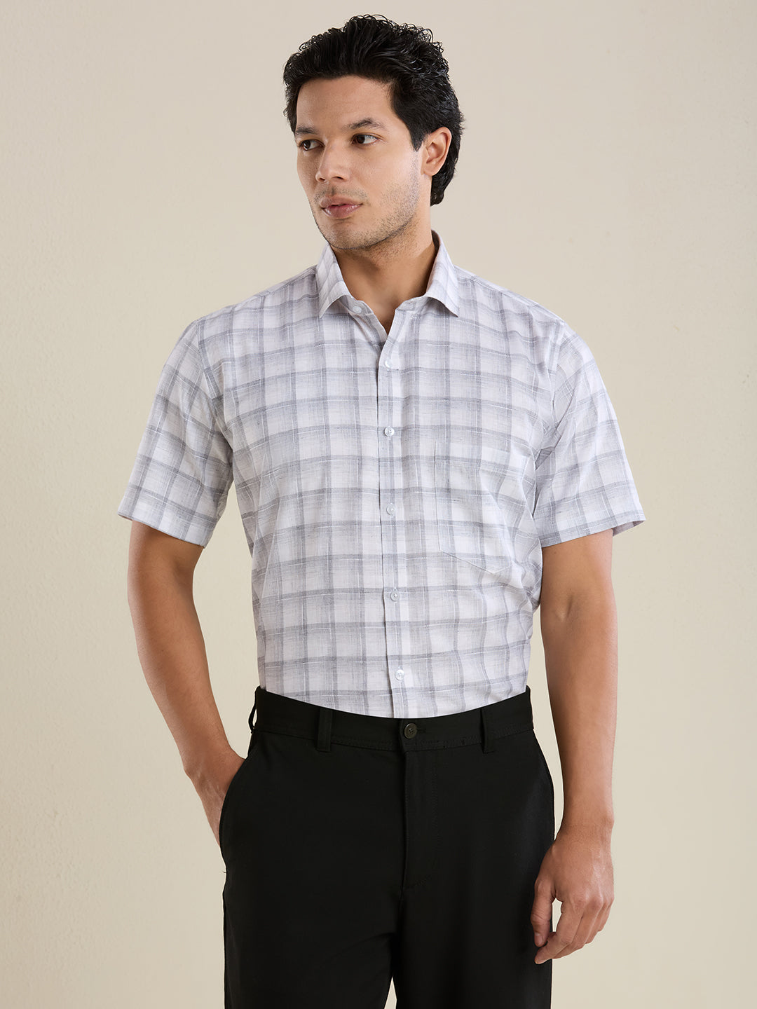 Slim Fit Grey Checked Linen Shirt