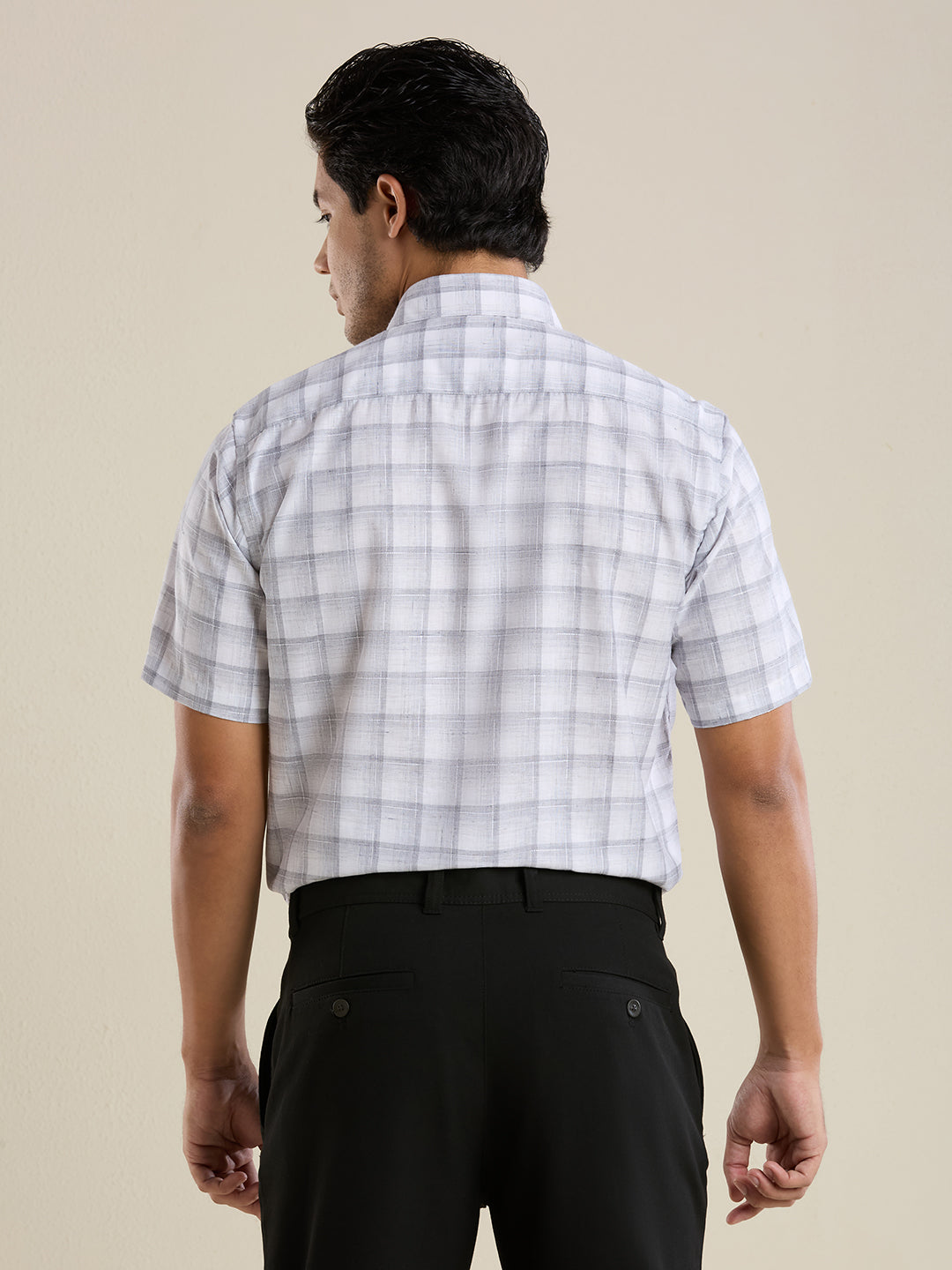 Slim Fit Grey Checked Linen Shirt