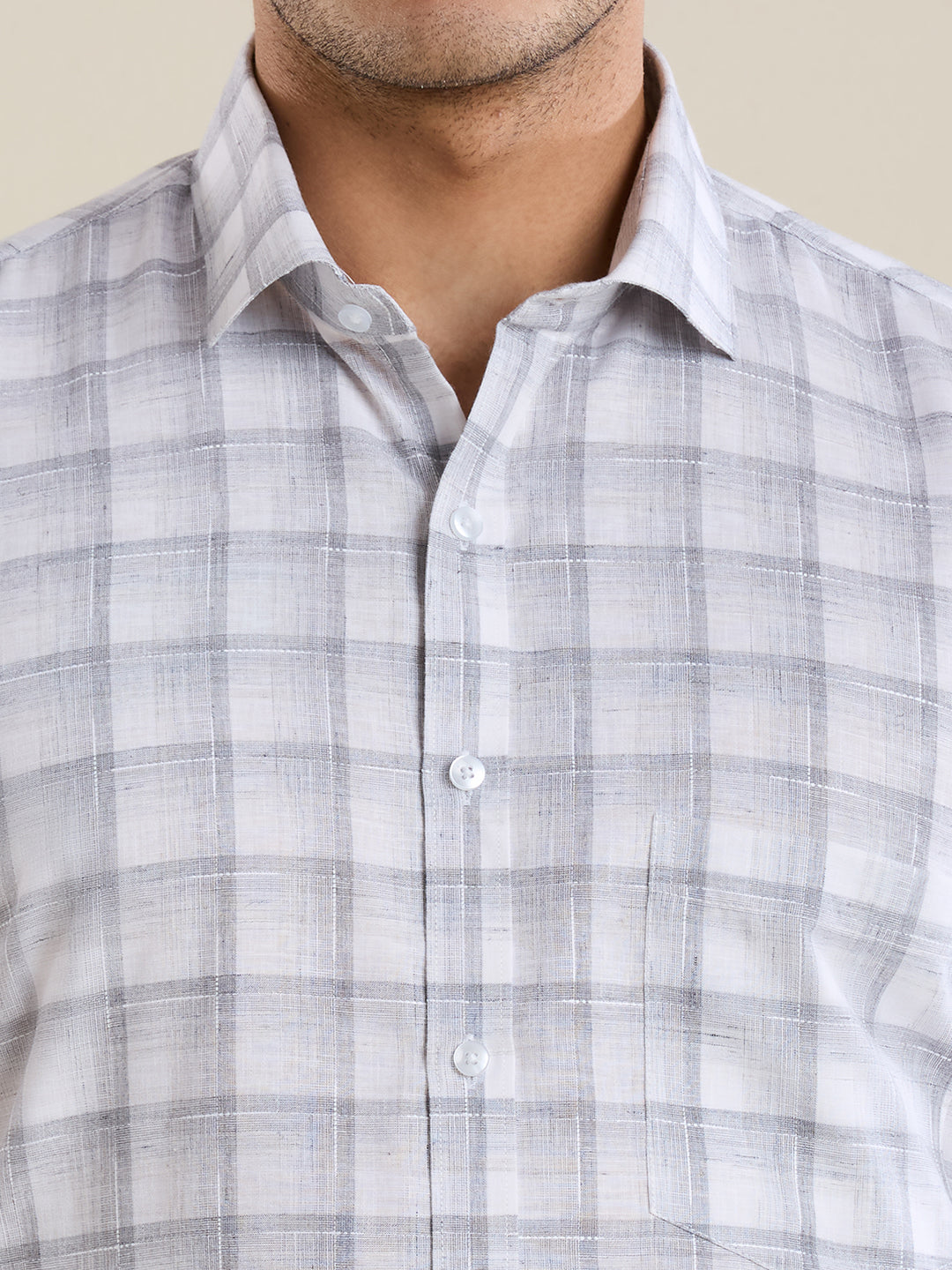 Slim Fit Grey Checked Linen Shirt