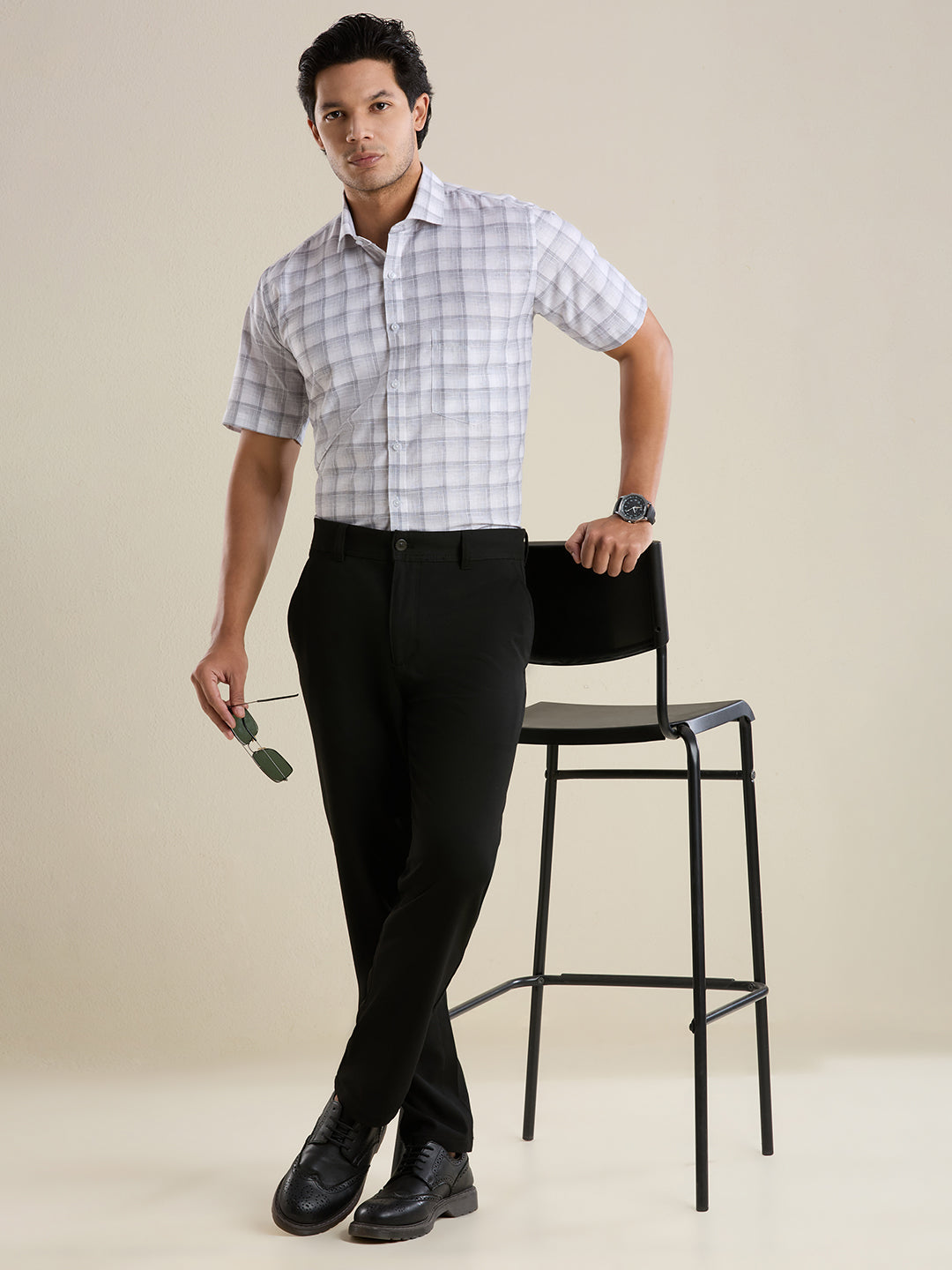 Slim Fit Grey Checked Linen Shirt