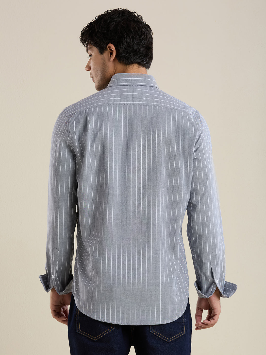 Men's Slim Fit Grey Striped Oxford Cotton Casual Shirt | Mark & Albert