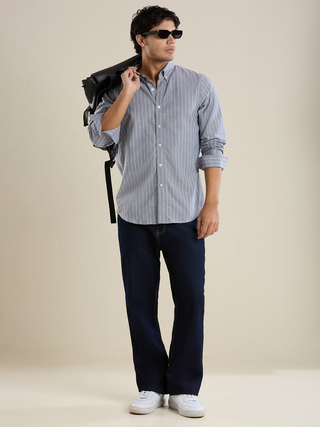 Men's Slim Fit Grey Striped Oxford Cotton Casual Shirt | Mark & Albert