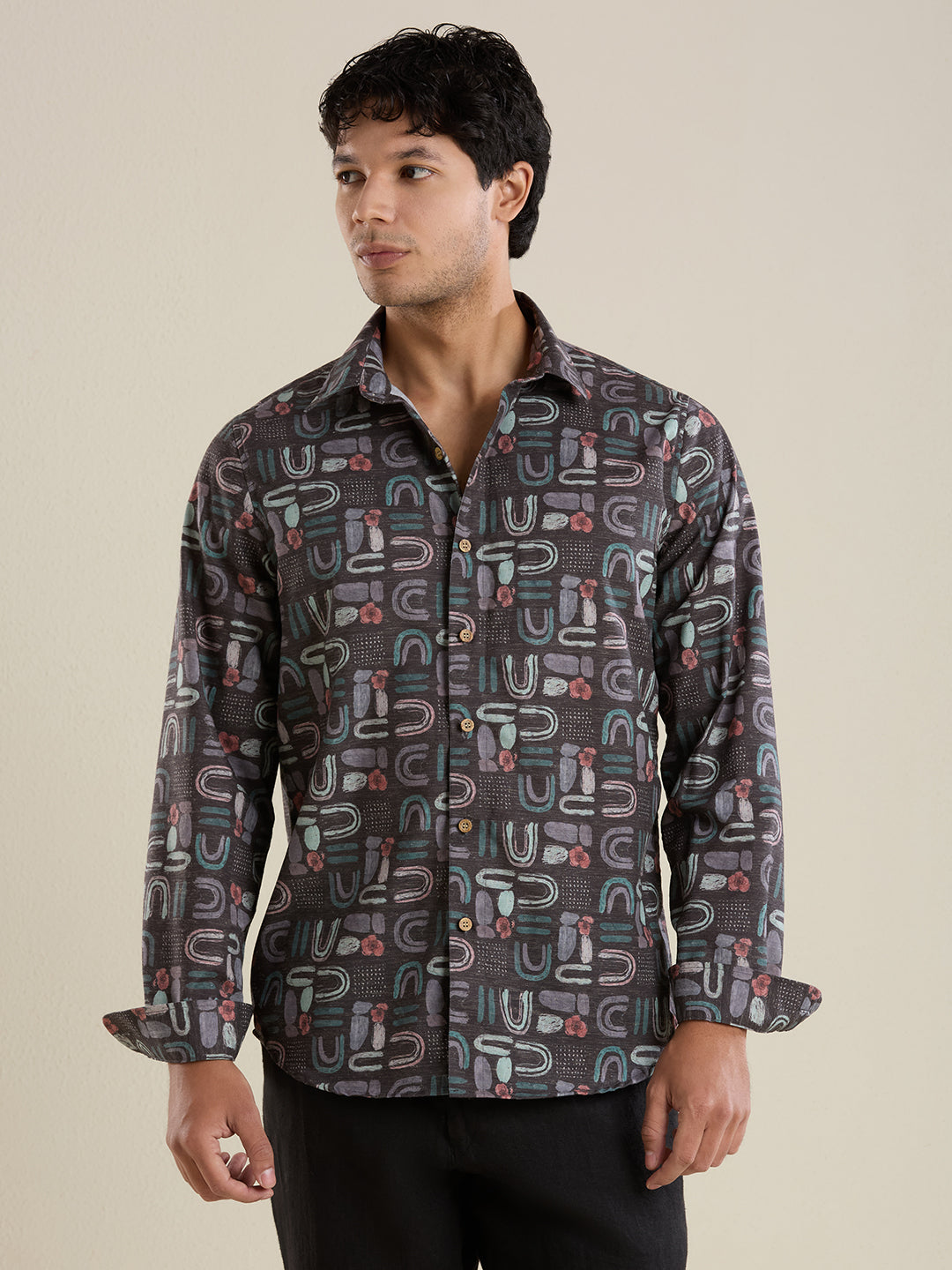 Luxury Slate Abstract Motif Linen Shirt – Slim Fit
