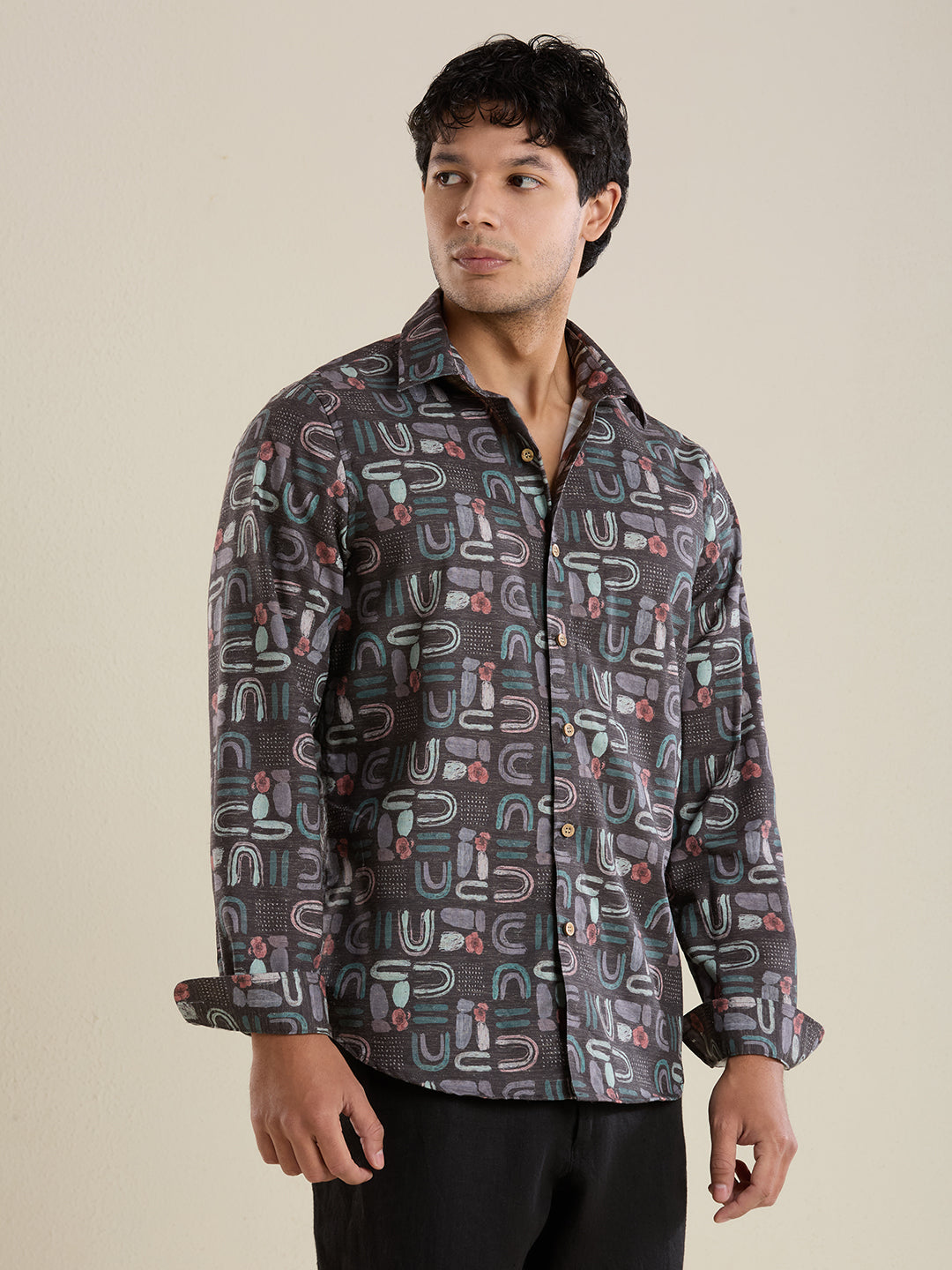 Luxury Slate Abstract Motif Linen Shirt – Slim Fit