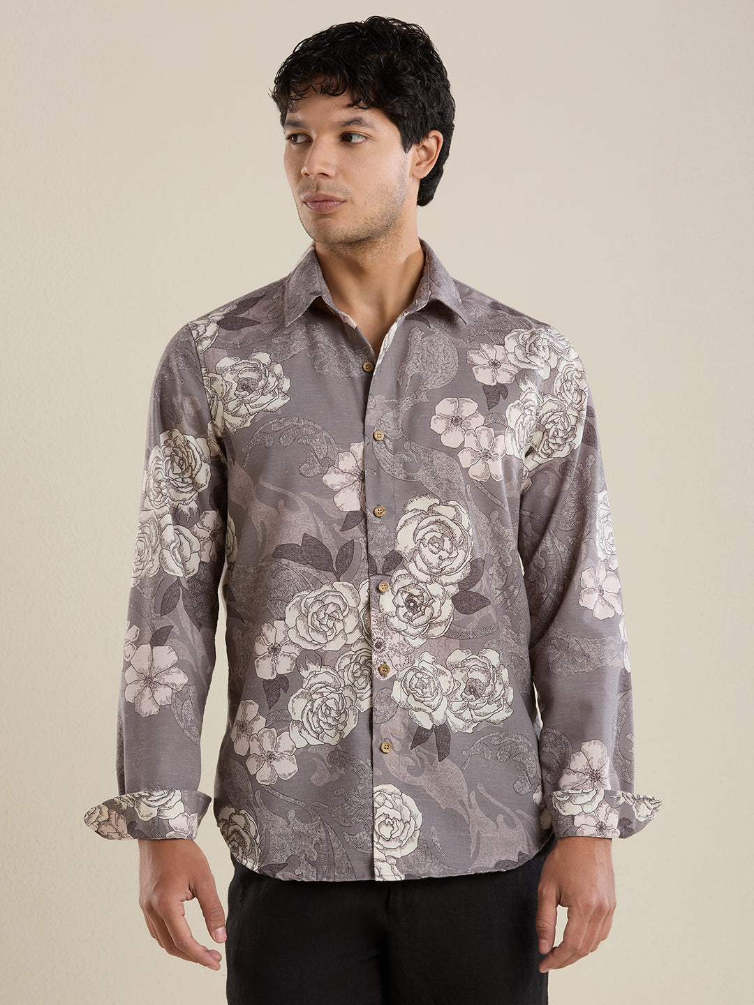 Luxury Grey Botanical Linen Shirt – Slim Fit