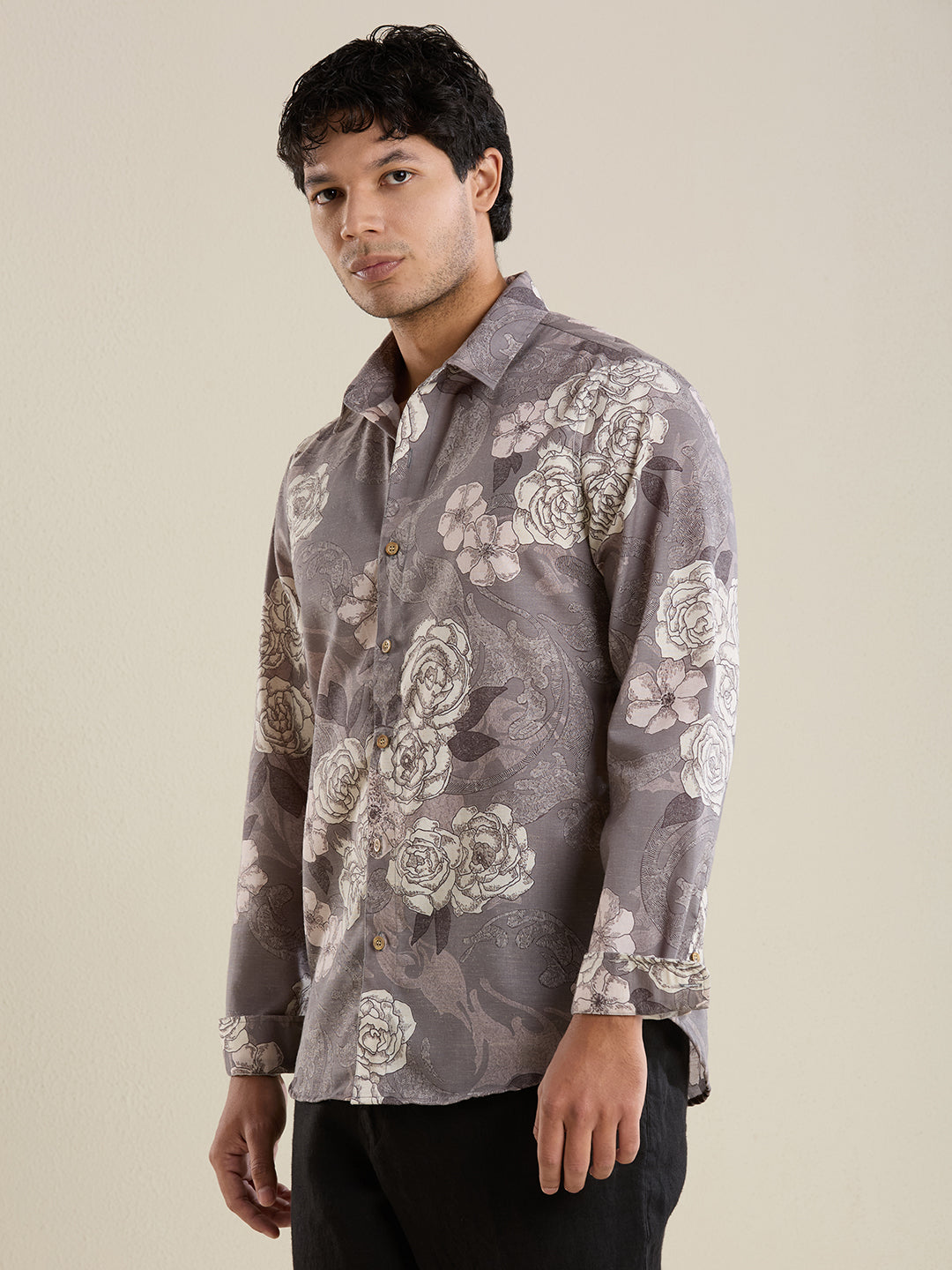 Luxury Grey Botanical Linen Shirt – Slim Fit