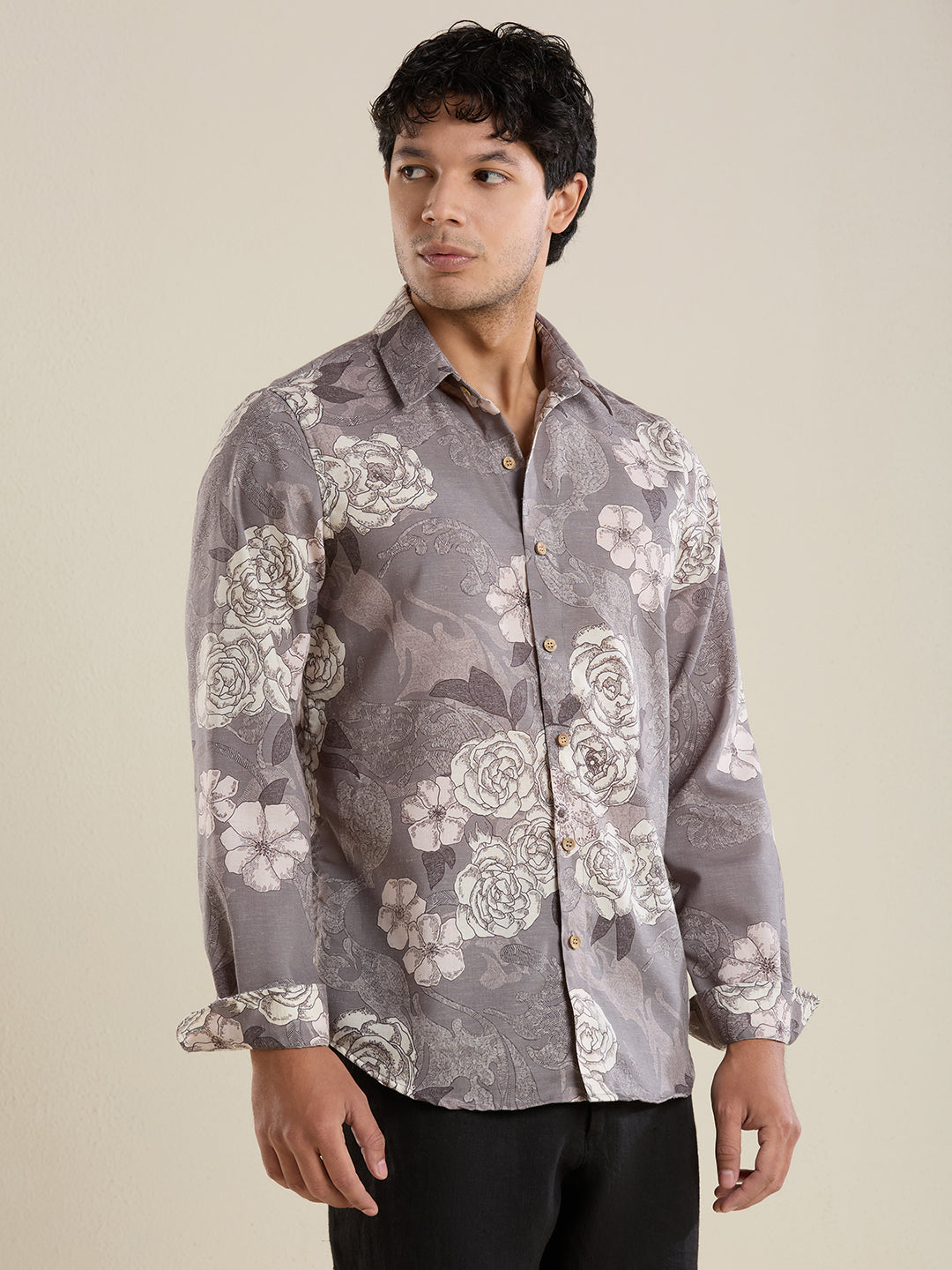 Luxury Grey Botanical Linen Shirt – Slim Fit
