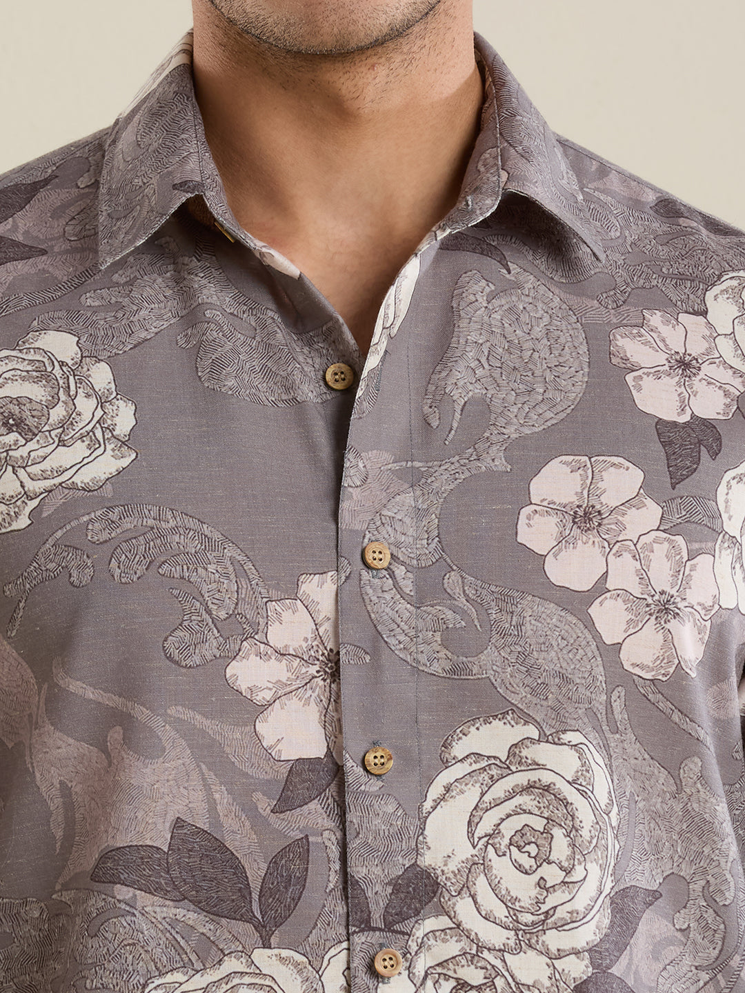 Luxury Grey Botanical Linen Shirt – Slim Fit