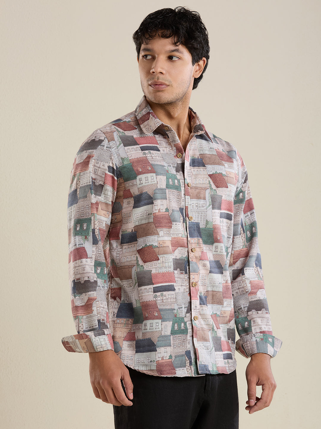 Luxury Illustrated House Digital Print Linen Shirt – Slim Fit