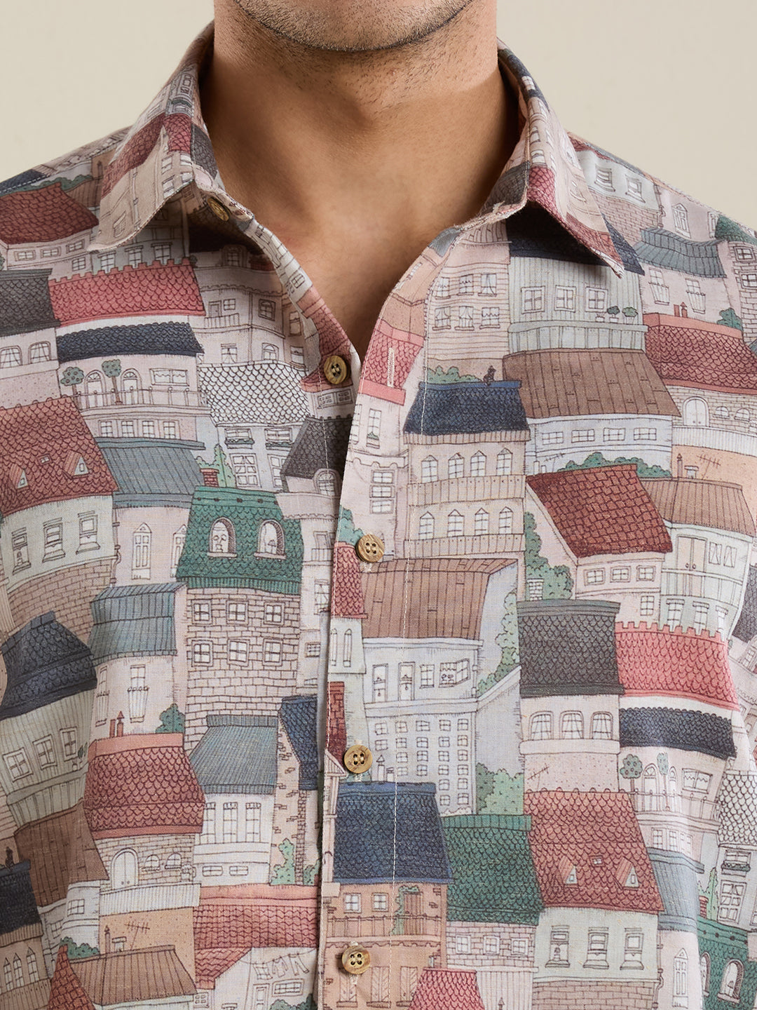 Luxury Illustrated House Digital Print Linen Shirt – Slim Fit