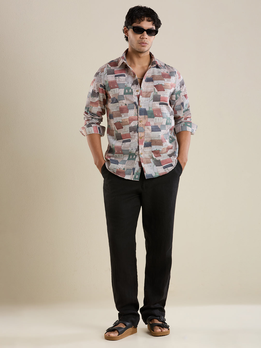 Luxury Illustrated House Digital Print Linen Shirt – Slim Fit