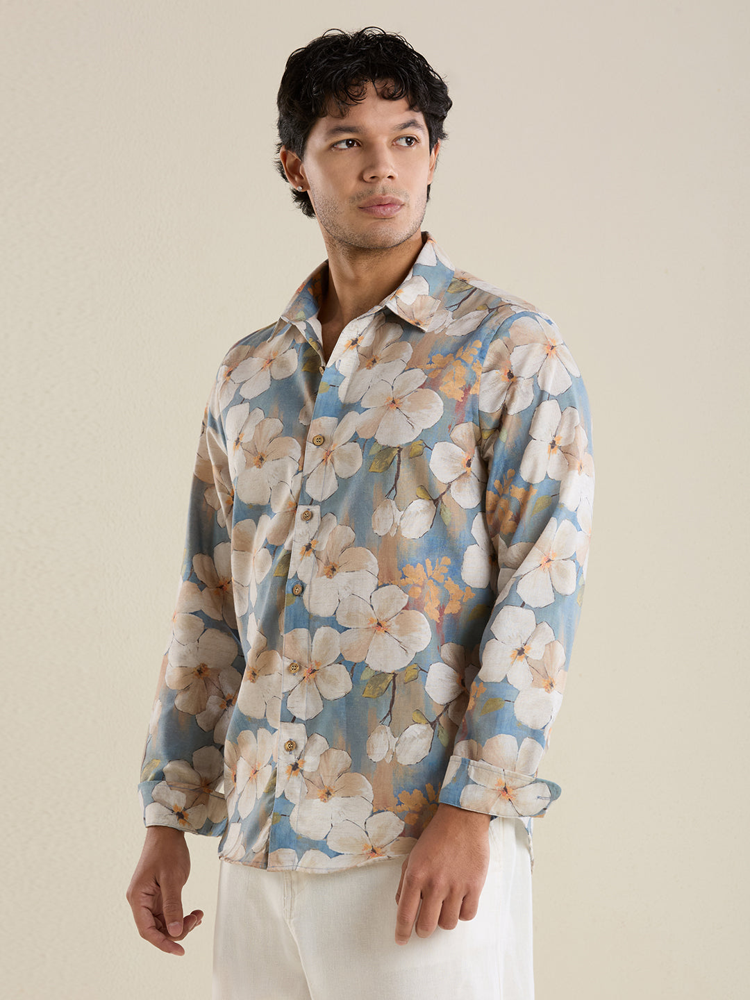 Luxury Slate Blue Floral Linen Shirt – Slim Fit