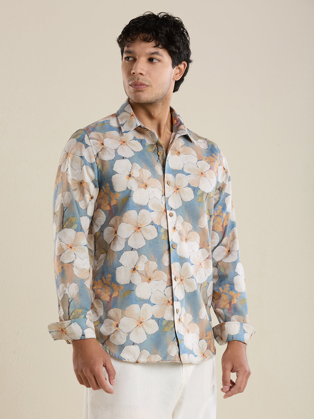 Luxury Slate Blue Floral Linen Shirt – Slim Fit