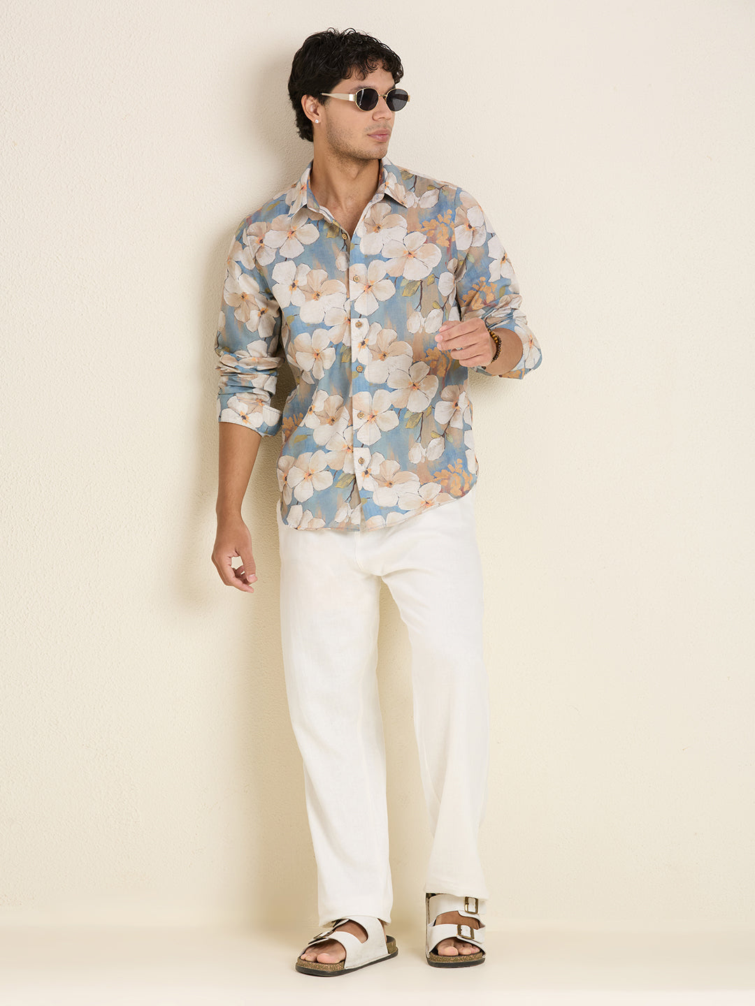 Luxury Slate Blue Floral Linen Shirt – Slim Fit