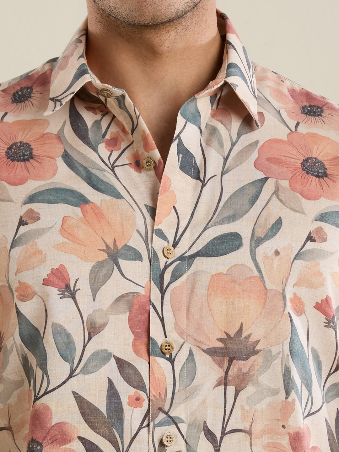 Luxury Peach Floral Digital Print Shirt – Slim Fit
