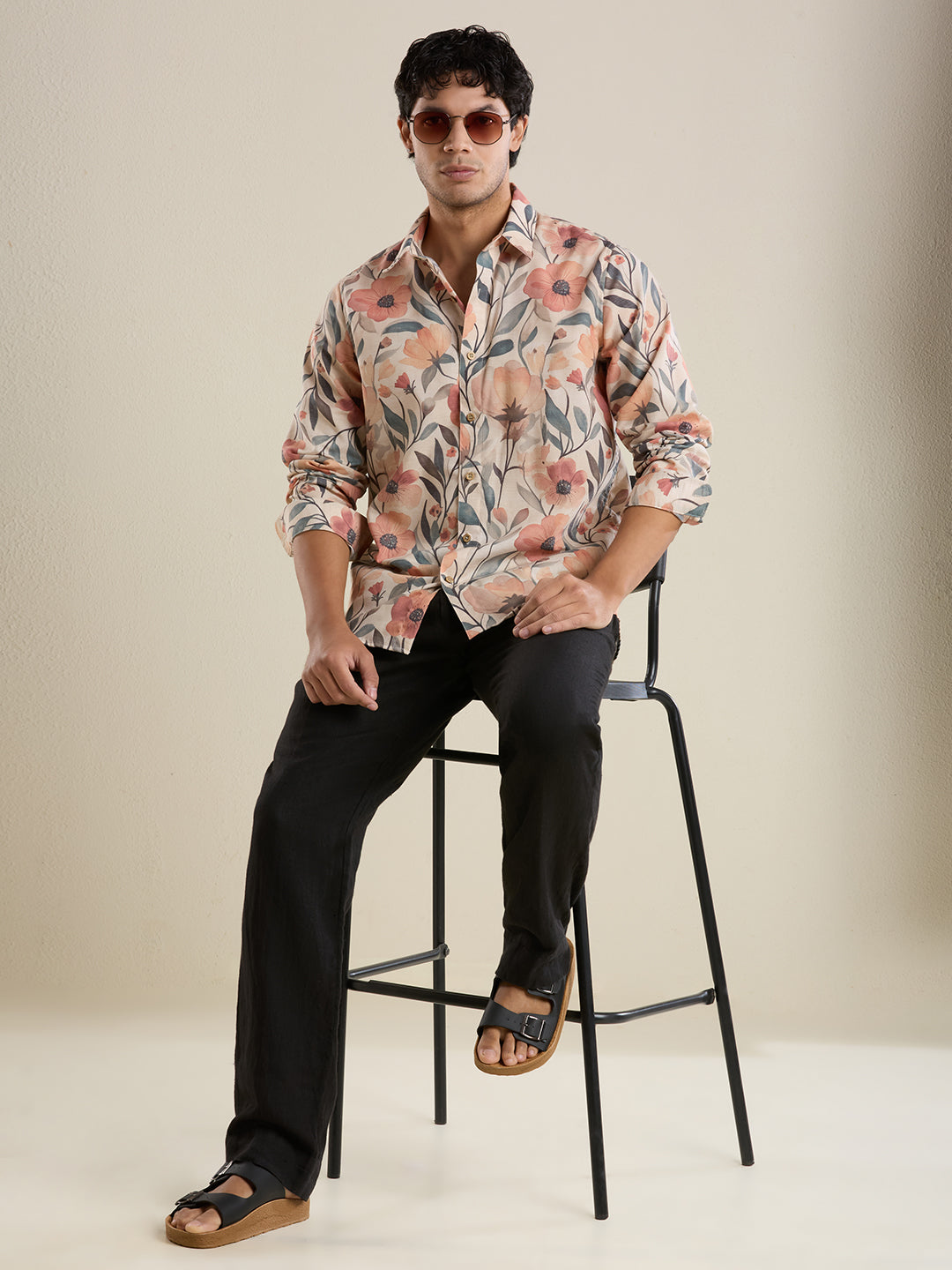 Luxury Peach Floral Digital Print Shirt – Slim Fit
