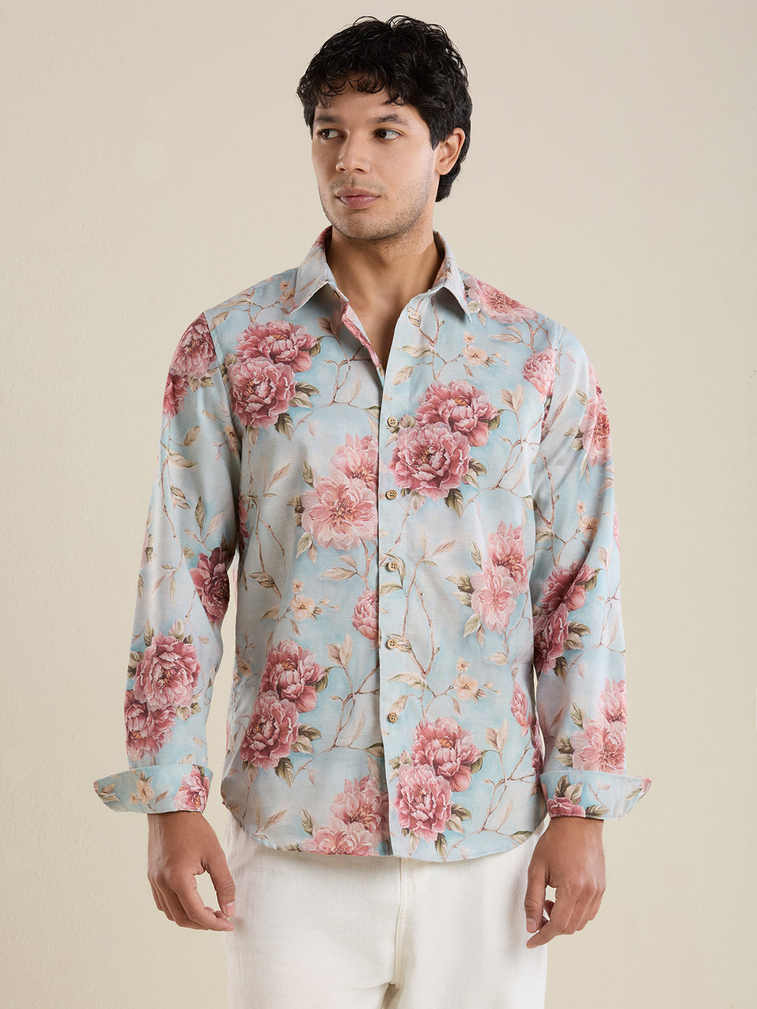 Luxury Sky Blue Floral Linen Shirt – Slim Fit