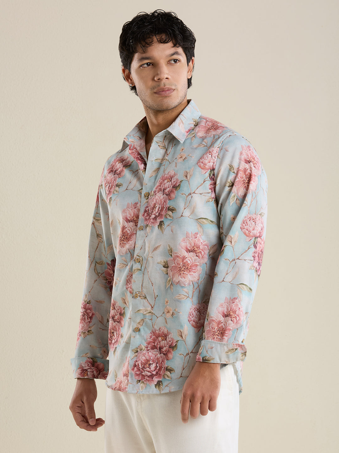 Luxury Sky Blue Floral Linen Shirt – Slim Fit