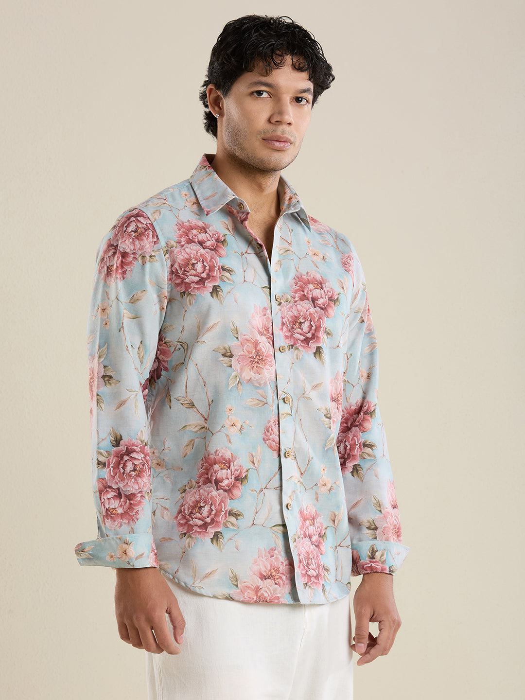 Men's Slim Fit Sky Blue Floral Linen Shirt | Mark & Albert
