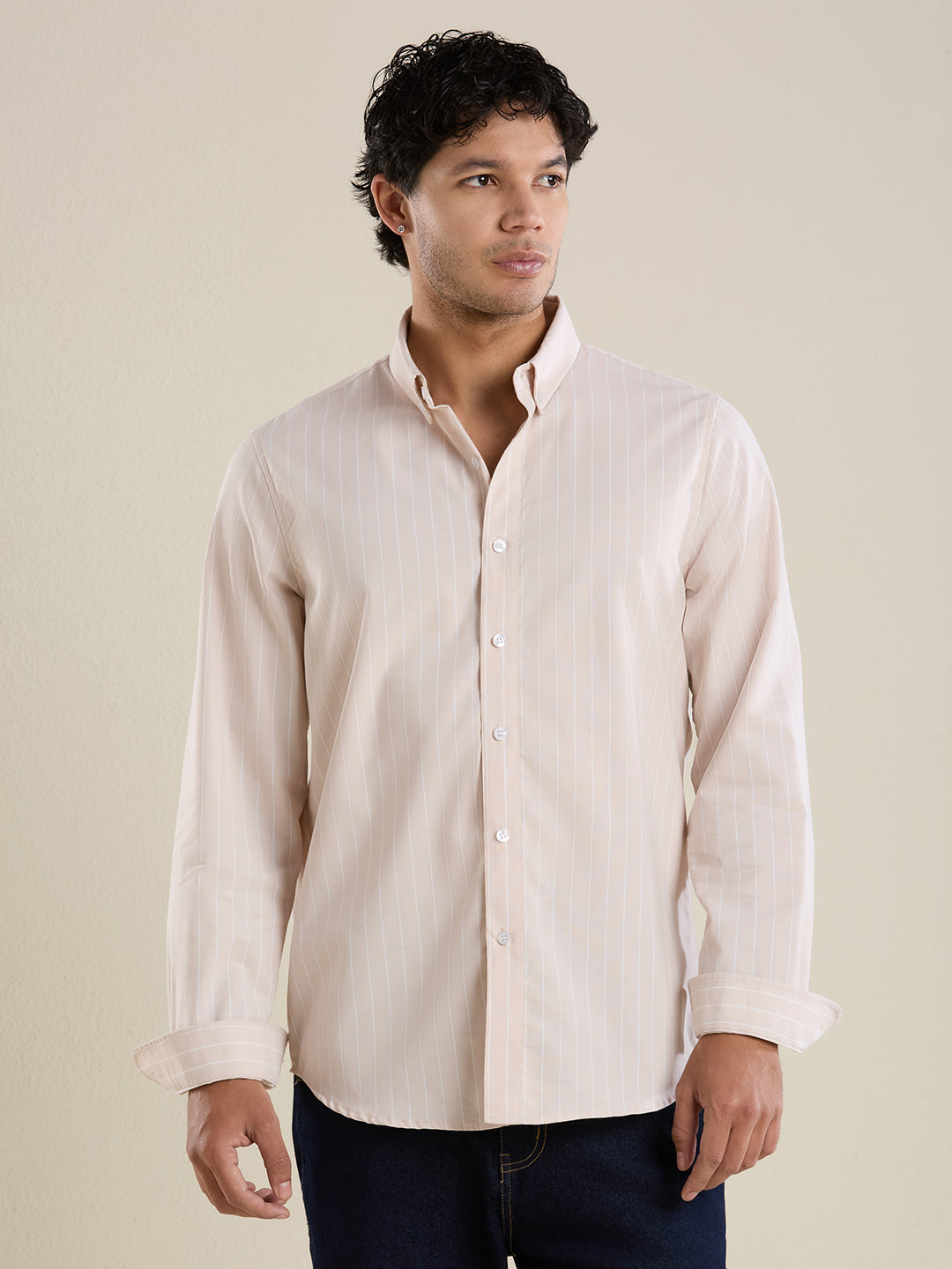 Men's Slim Fit Sand Beige Striped Oxford Cotton Casual Shirt