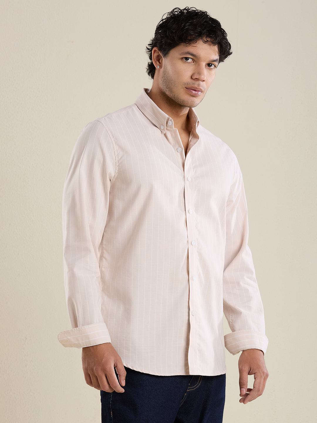 Men's Slim Fit Beige Striped Oxford Cotton Casual Shirt | Mark & Albert