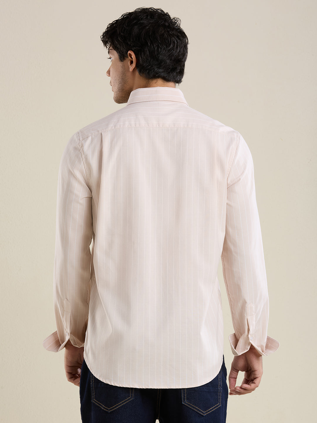 Men's Slim Fit Beige Striped Oxford Cotton Casual Shirt | Mark & Albert